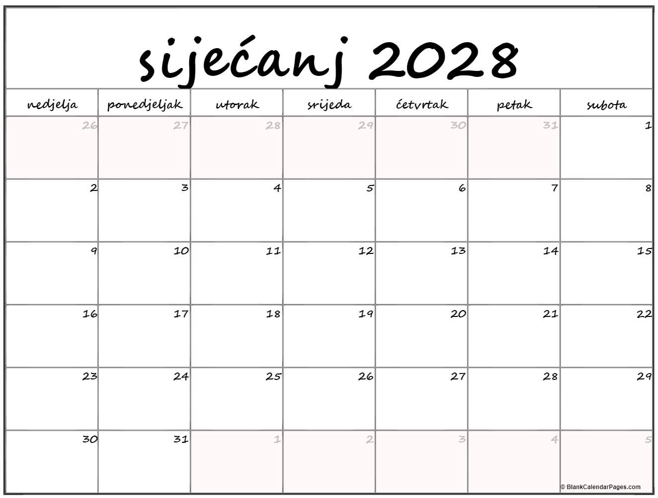 siječanj 2028 kalendar hrvatski