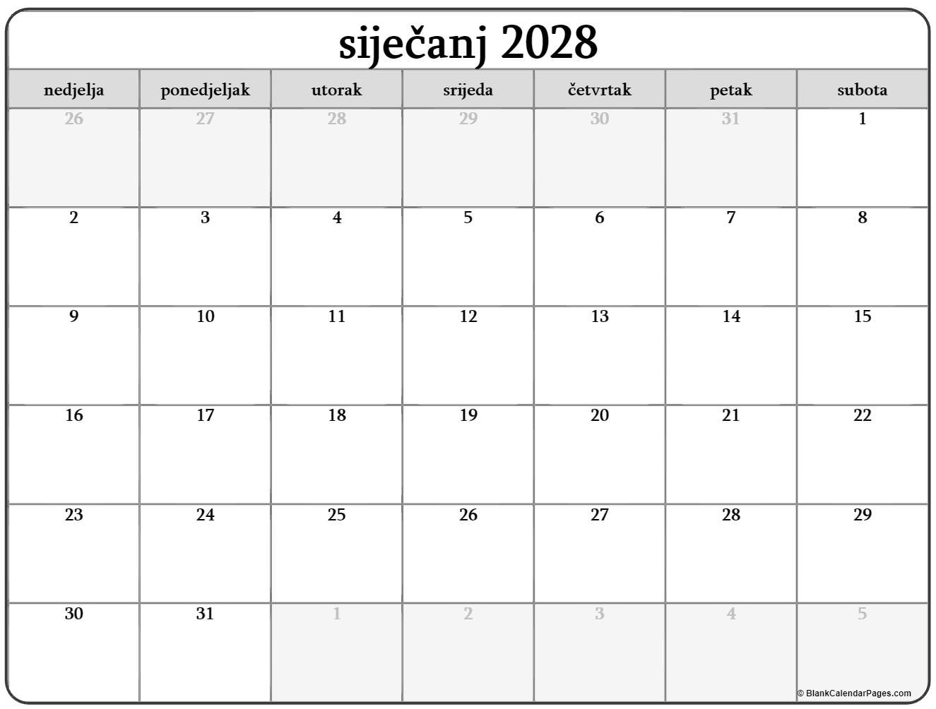 siječanj 2028 kalendar hrvatski