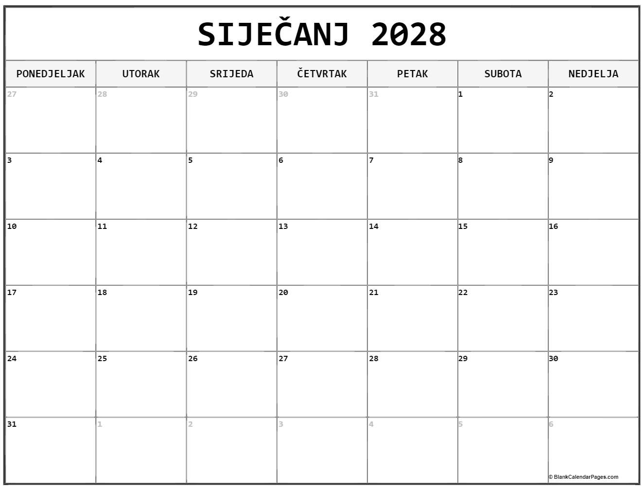 siječanj 2028 kalendar hrvatski