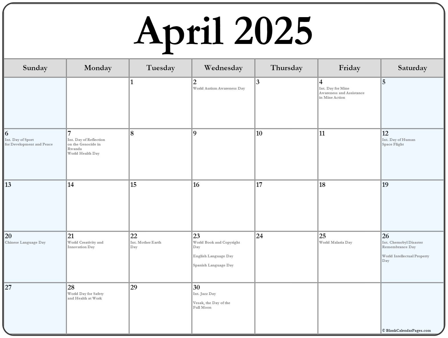 April 2020 Calendar With Holidays