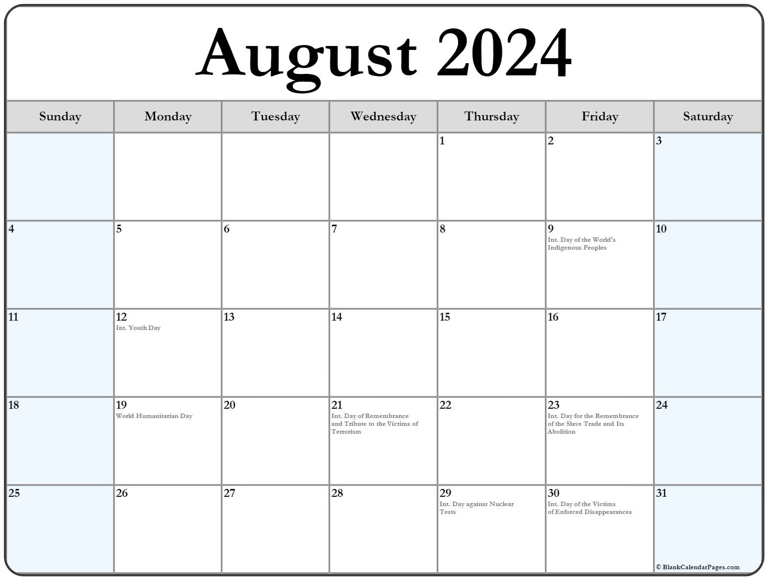 August 2024 Calendar With Holidays Images and Photos finder