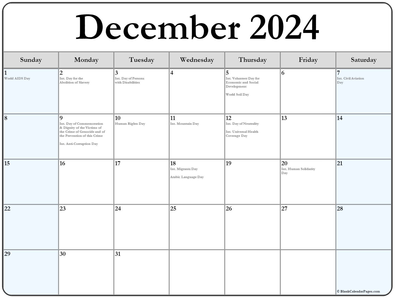 December 2019 Calendar With Holidays