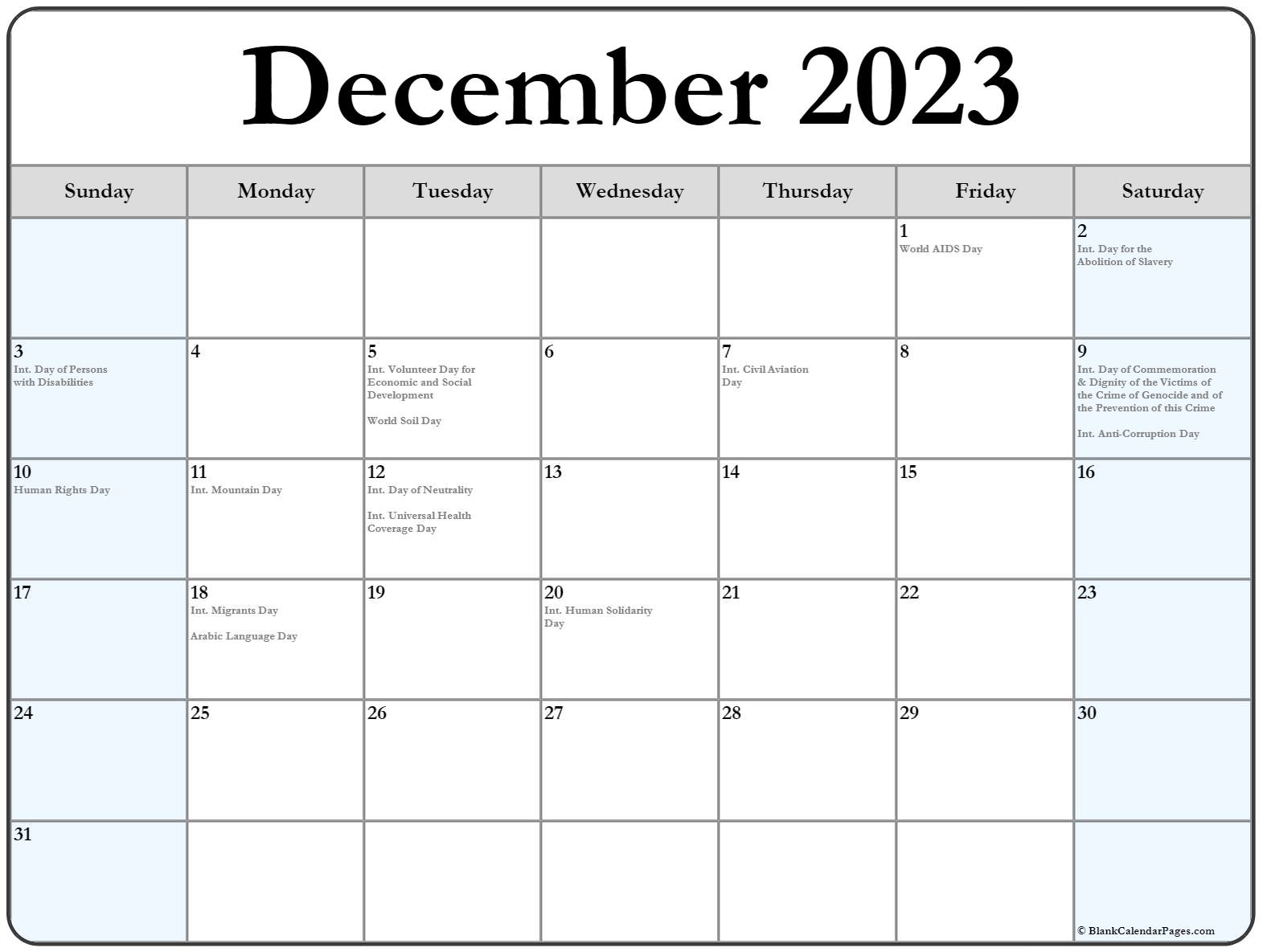 December 2023 Calendar With Holidays Printable Template Calendar