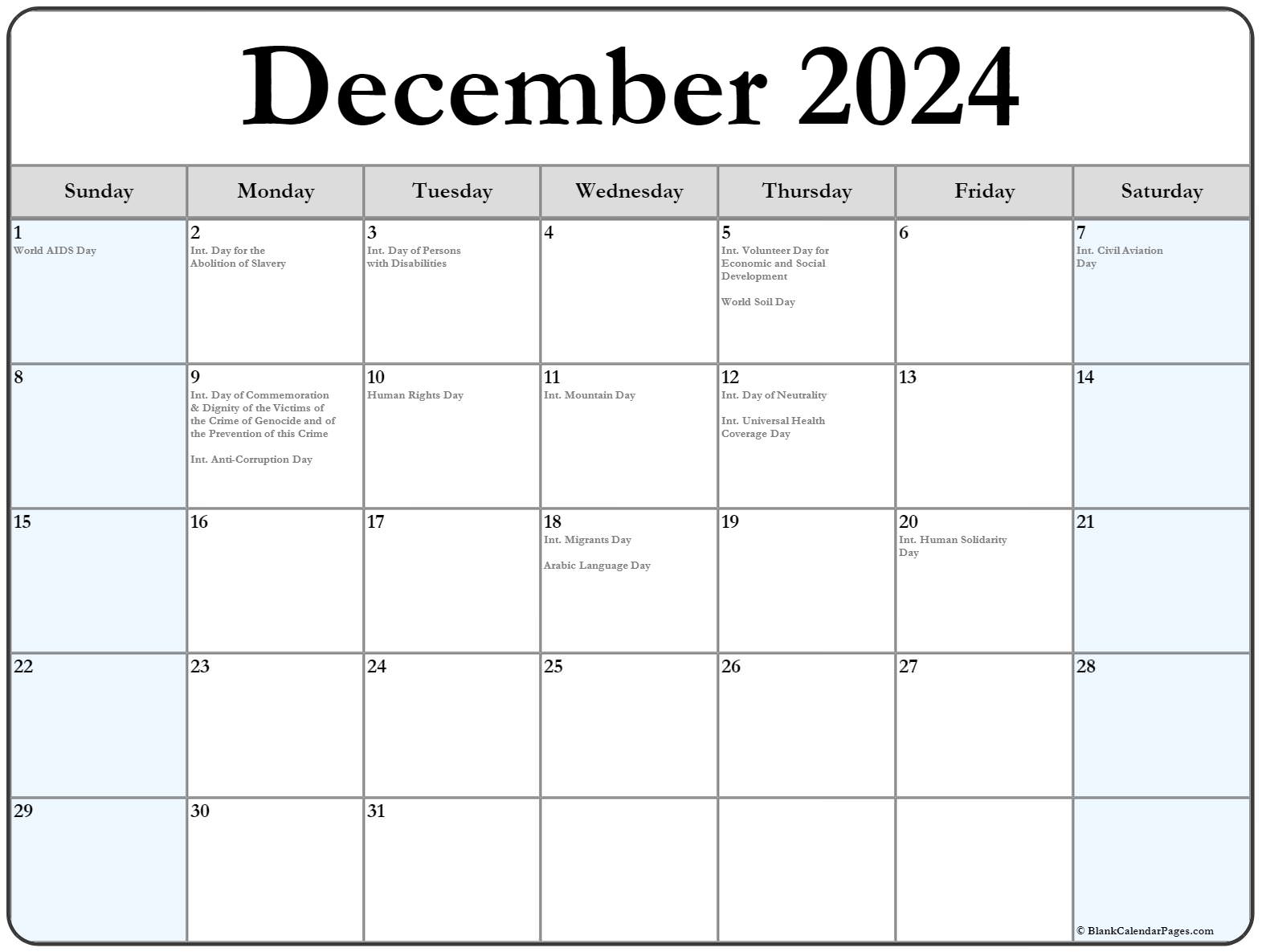 2024 December Calendar With Holidays List Printable Leona