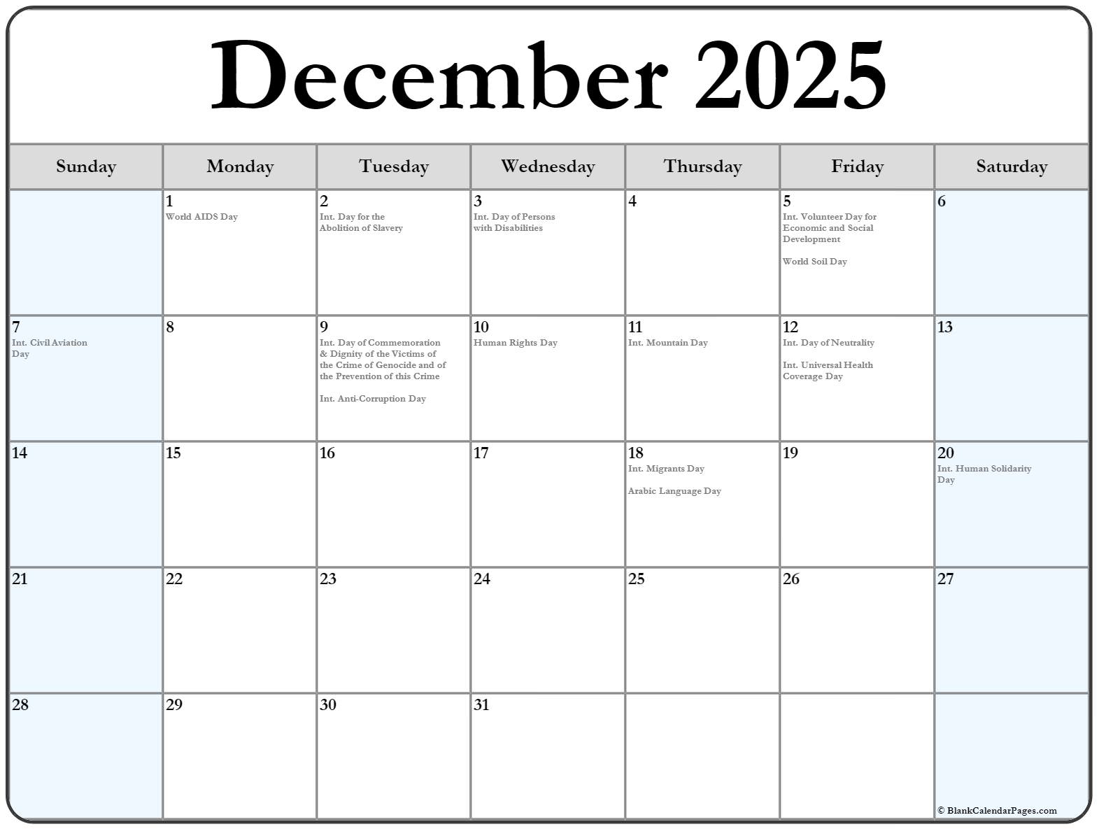 December 2025 Calendar With Holidays Free Printable 2025 CALENDAR