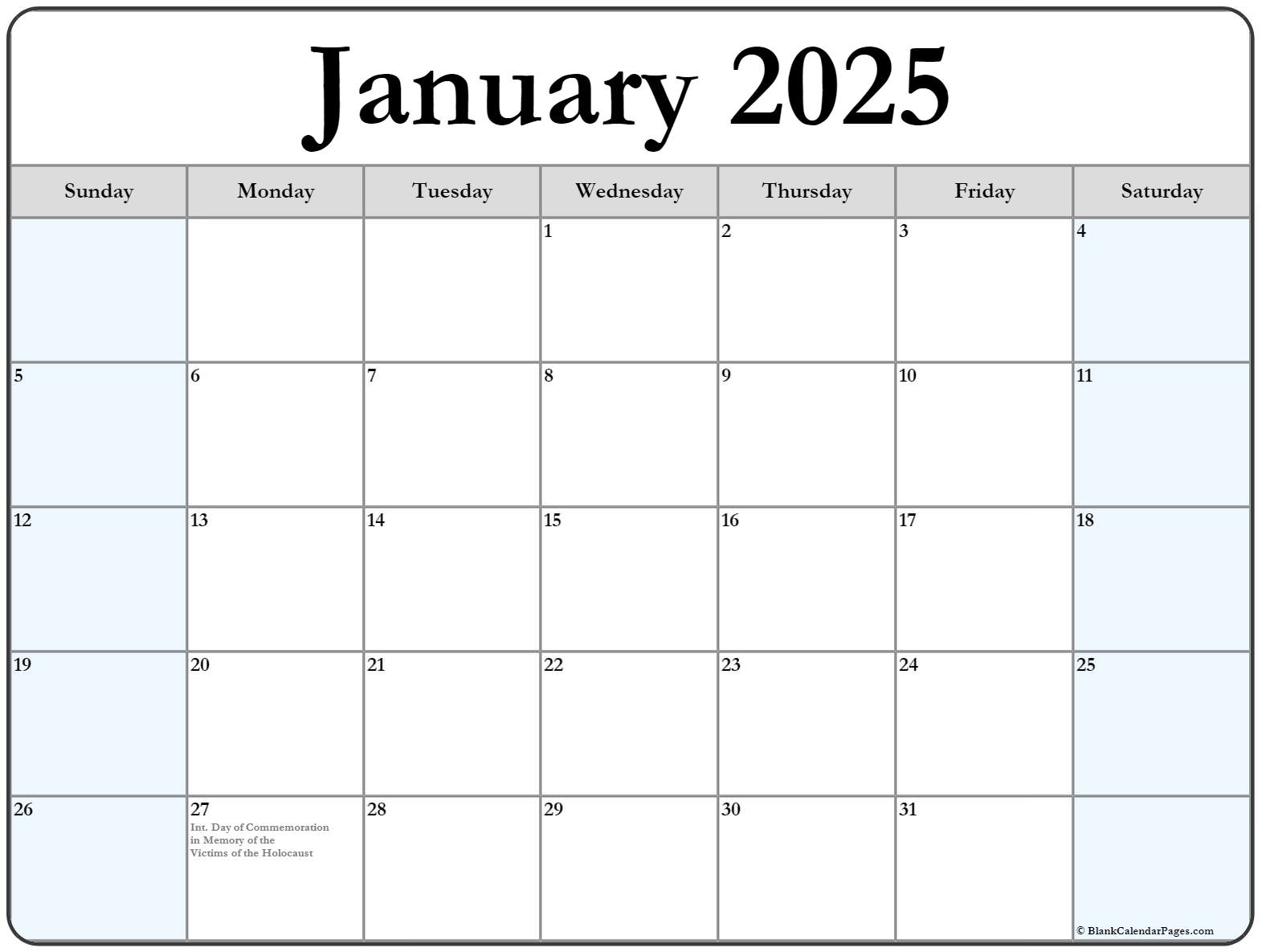 Blank January 2025 Calendar With Holidays Alys Lynnea