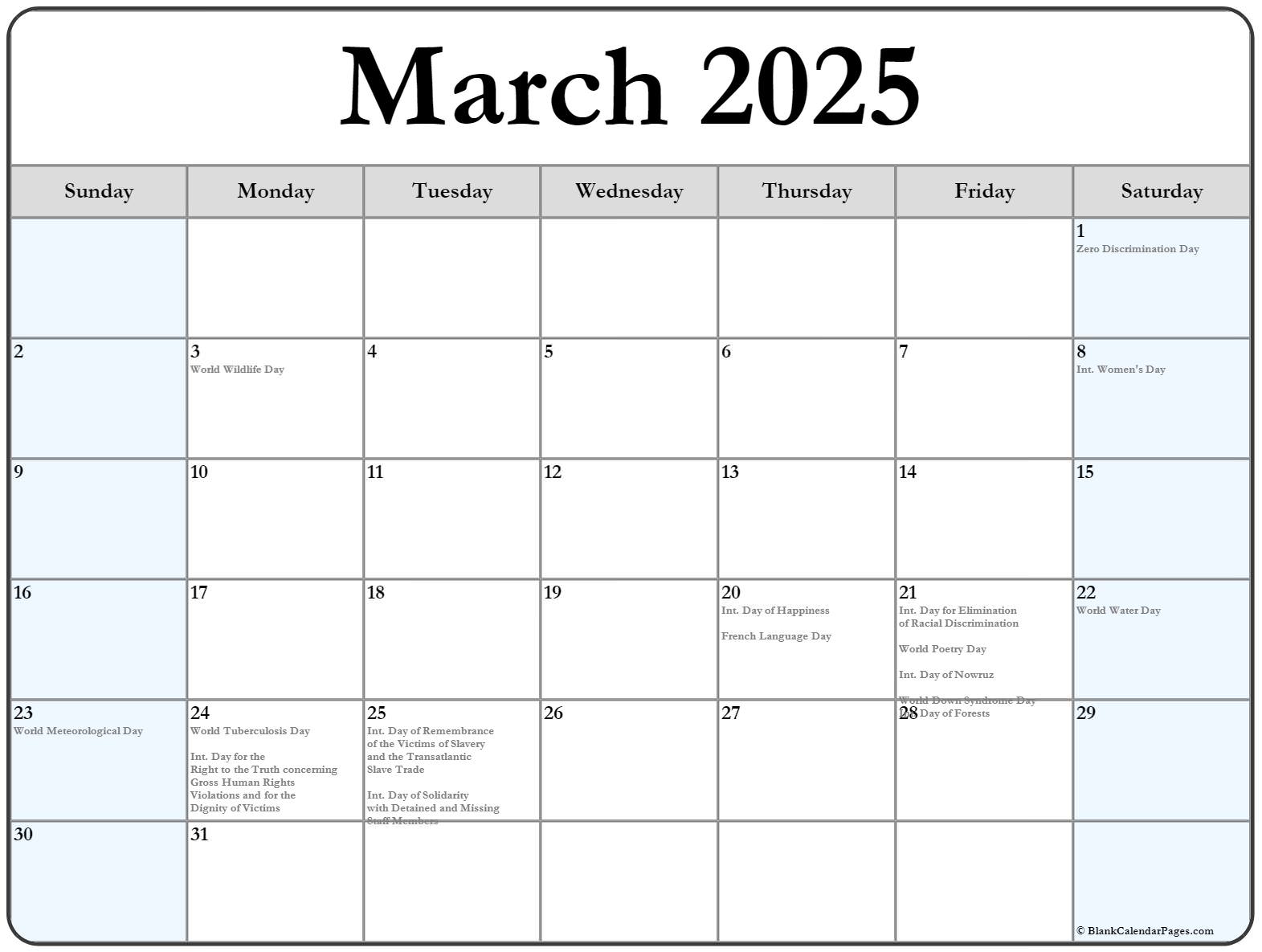 Collection of March 2021 calendars with holidays