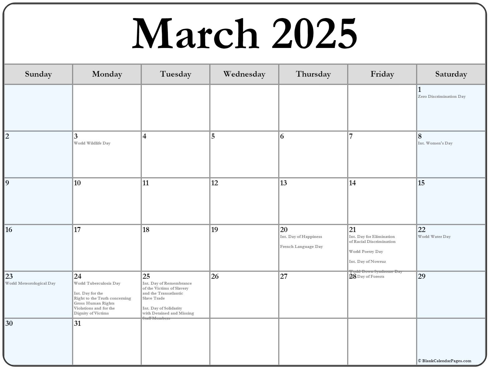 March 2025 with holidays calendar