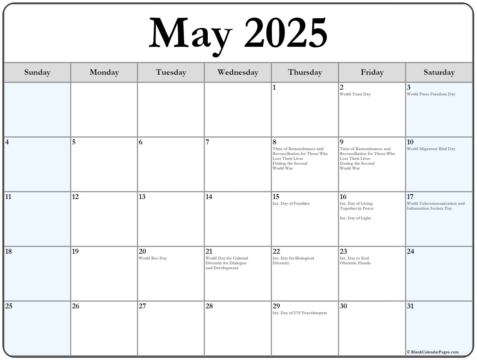 May 2025 with holidays calendar