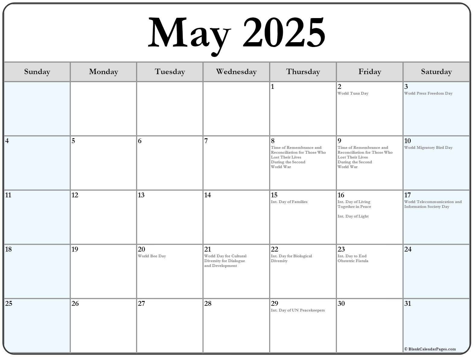 May 2025 Holidays Calendar