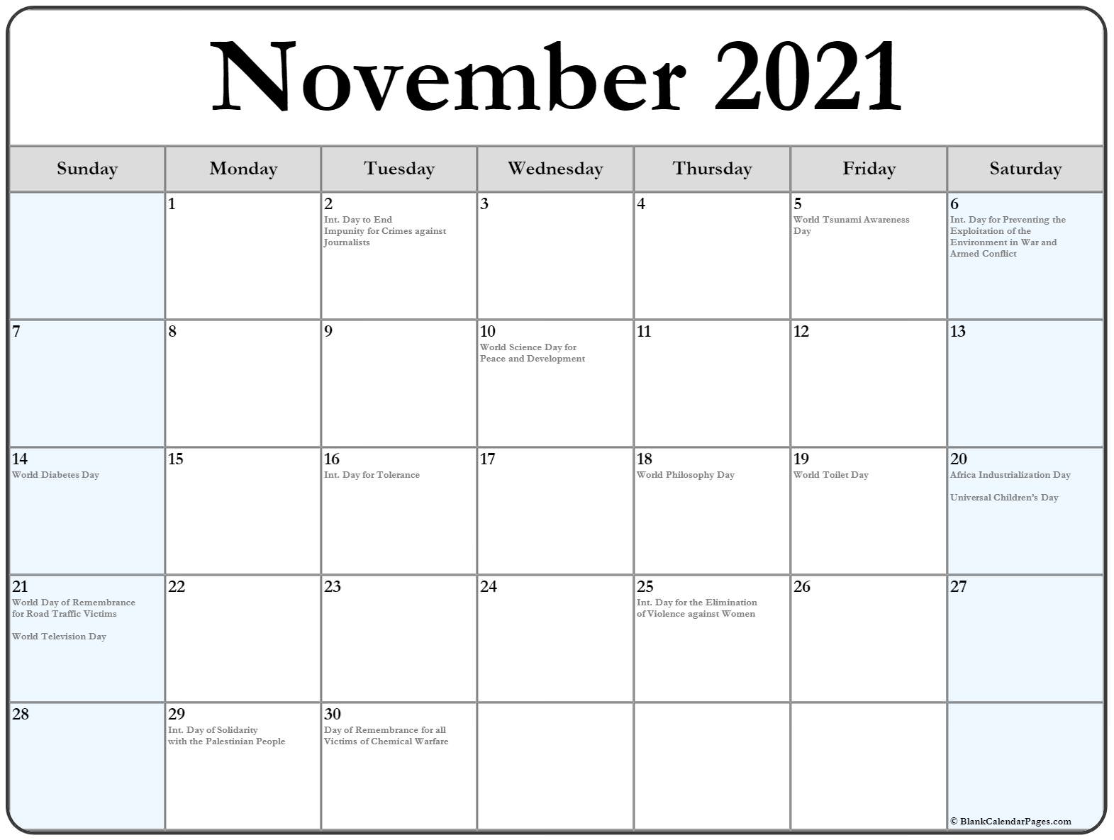 November 2021 with holidays calendar