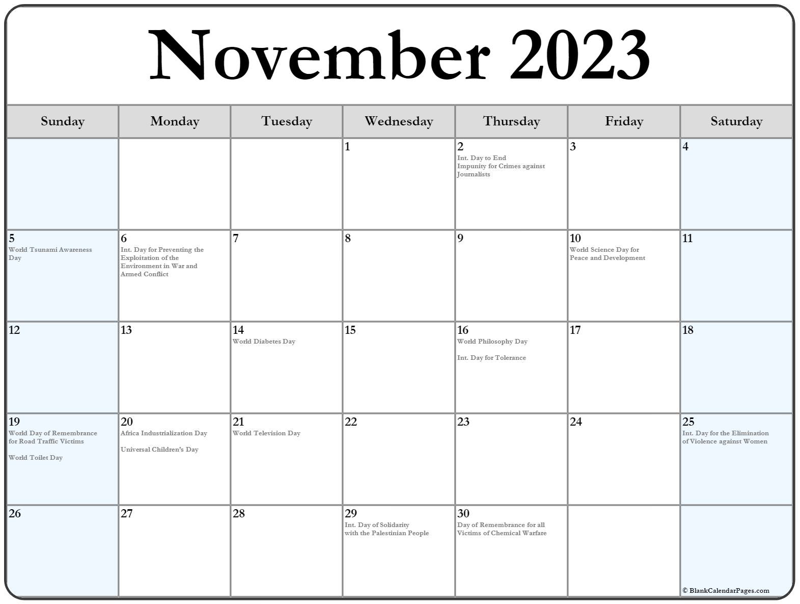 November 2023 With Holidays Calendar Gambaran