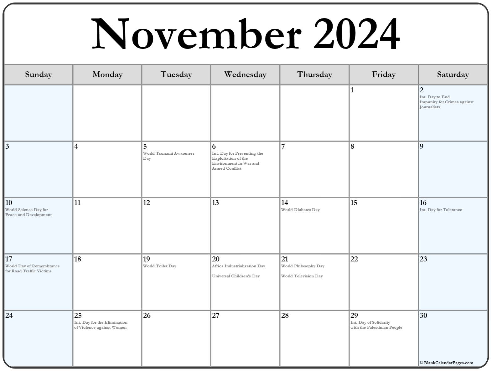 November 2024 Calendar With Holidays - Printable Calendar