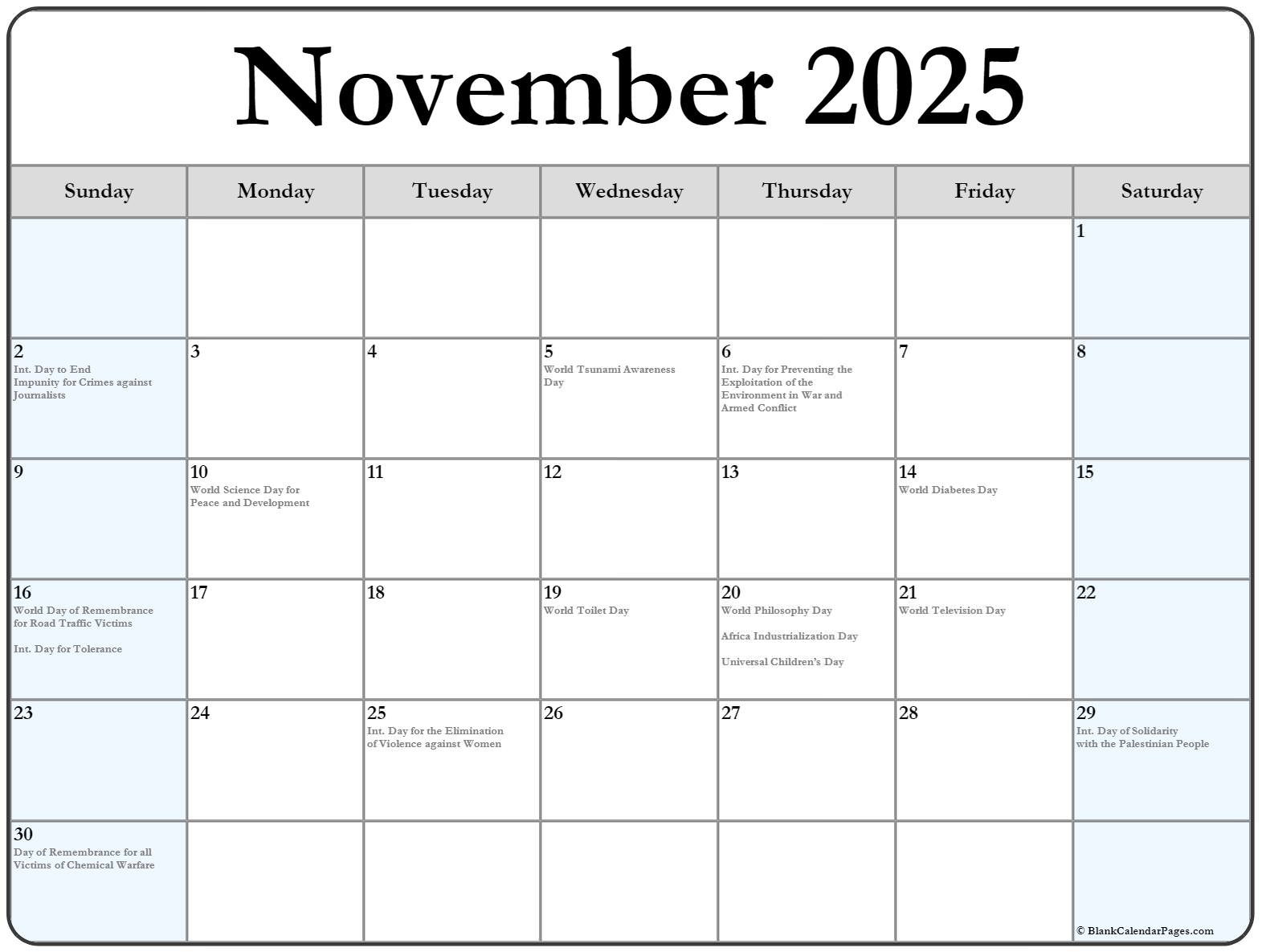 Calendar With Holidays November 2025