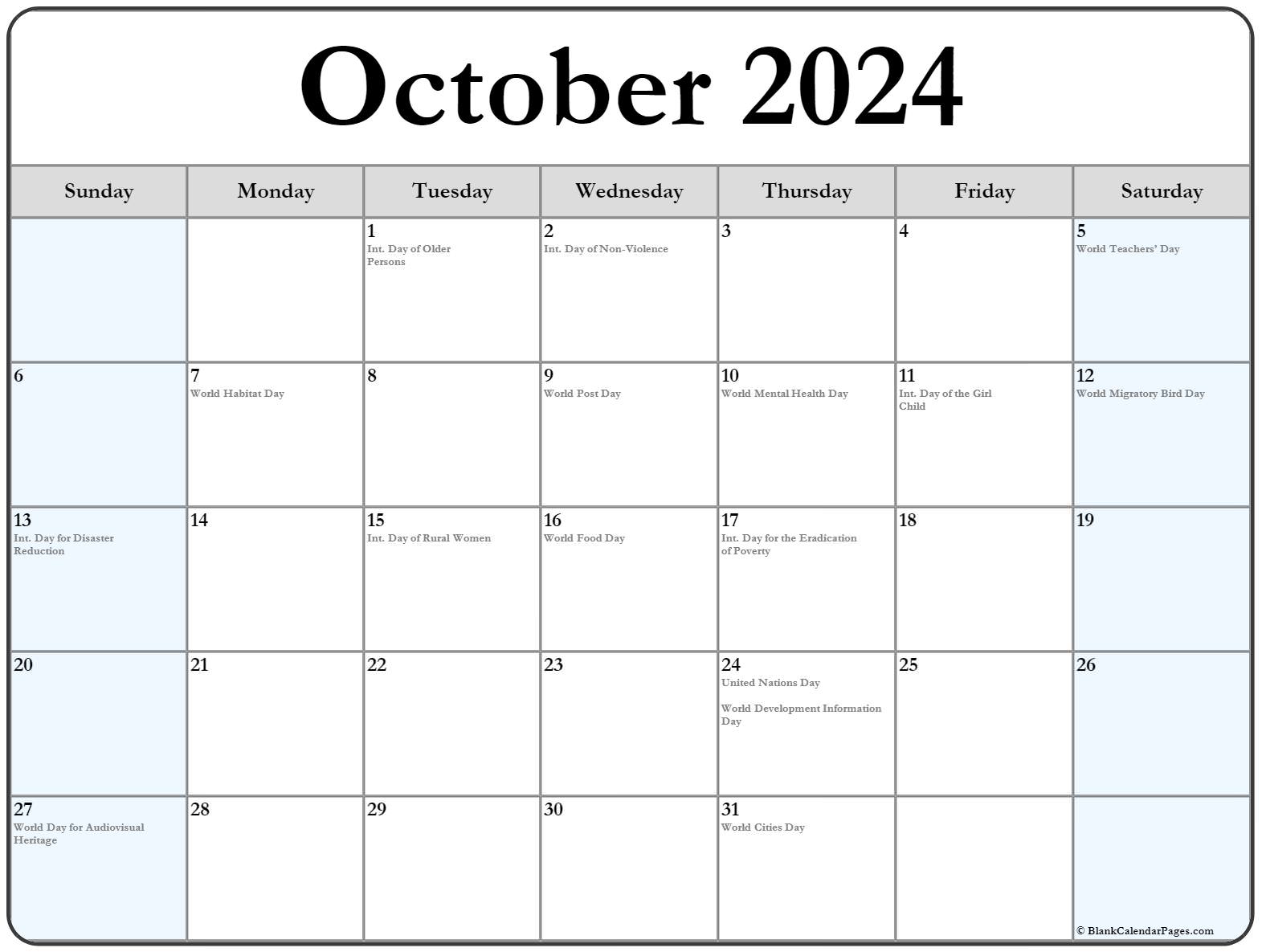October 2020 calendar with holidays