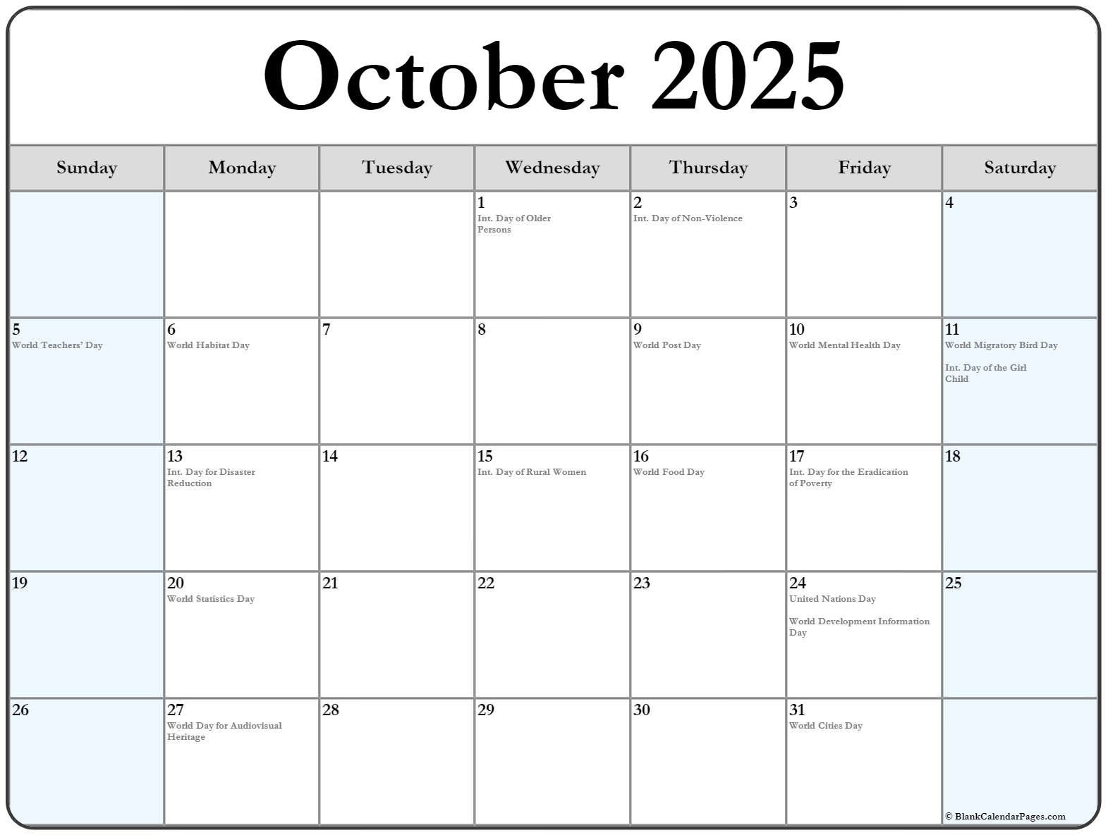 October 2020 calendar with holidays