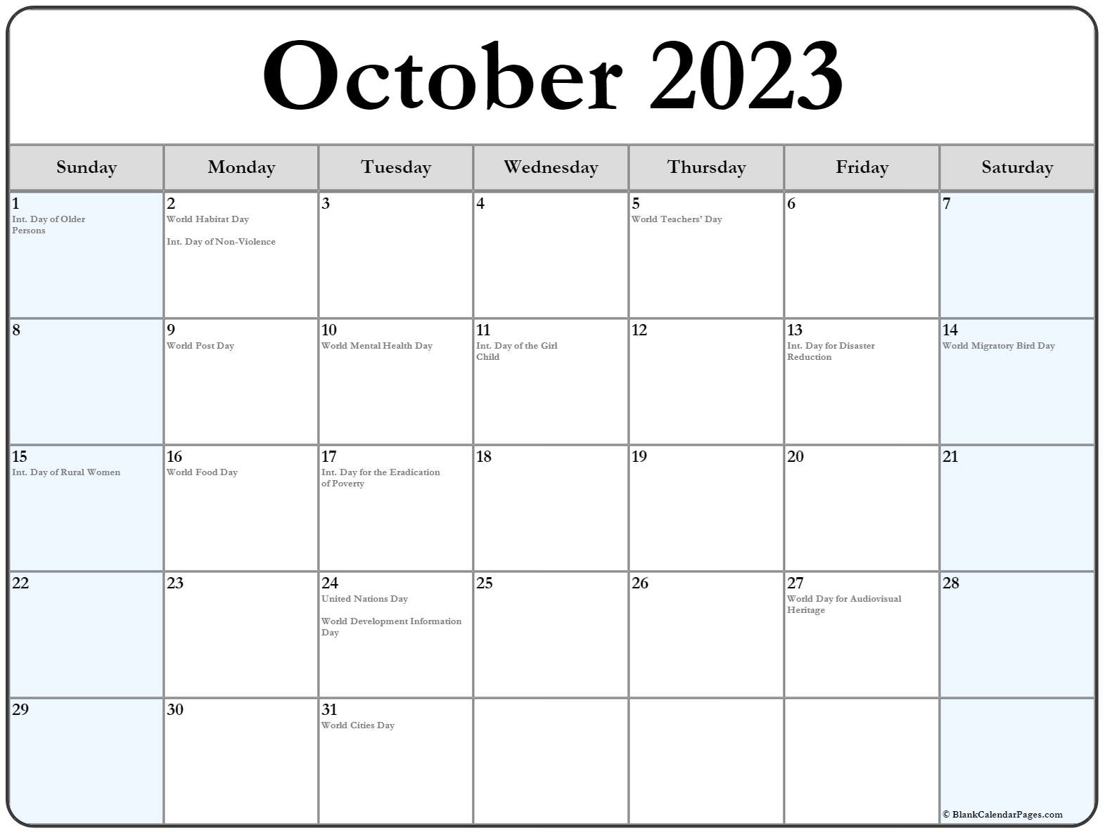 October 2023 with holidays calendar