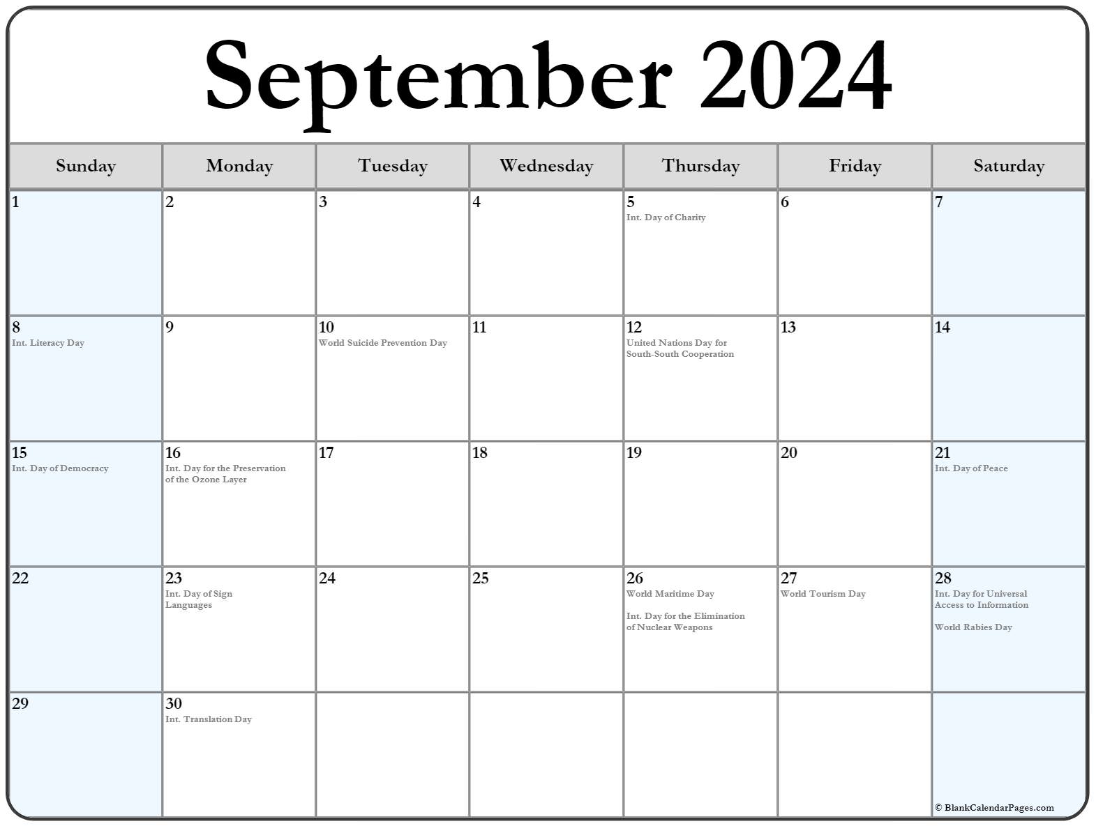 September 2020 calendar with holidays