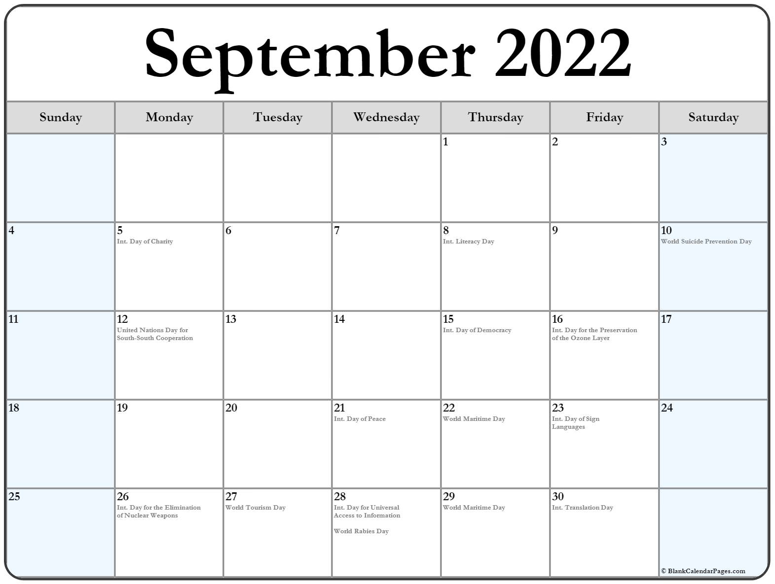 September 2022 Calendar With Holidays Printable Printable Word Searches