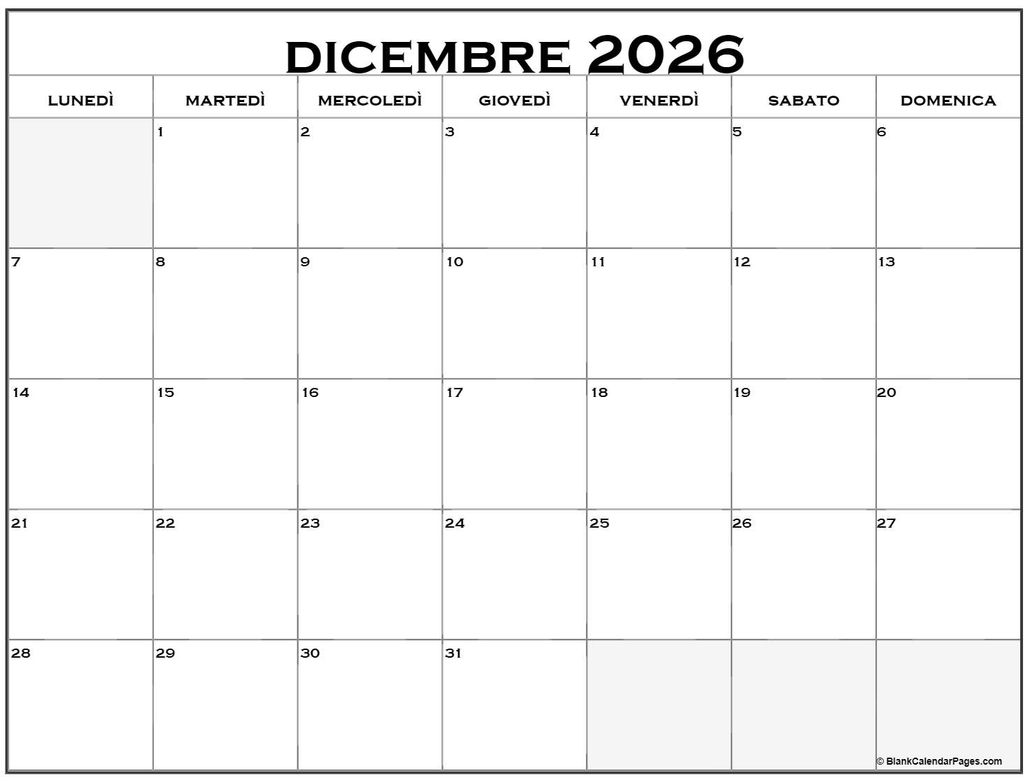 Dicembre 2026 Calendario Gratis Italiano Calendario Dicembre
