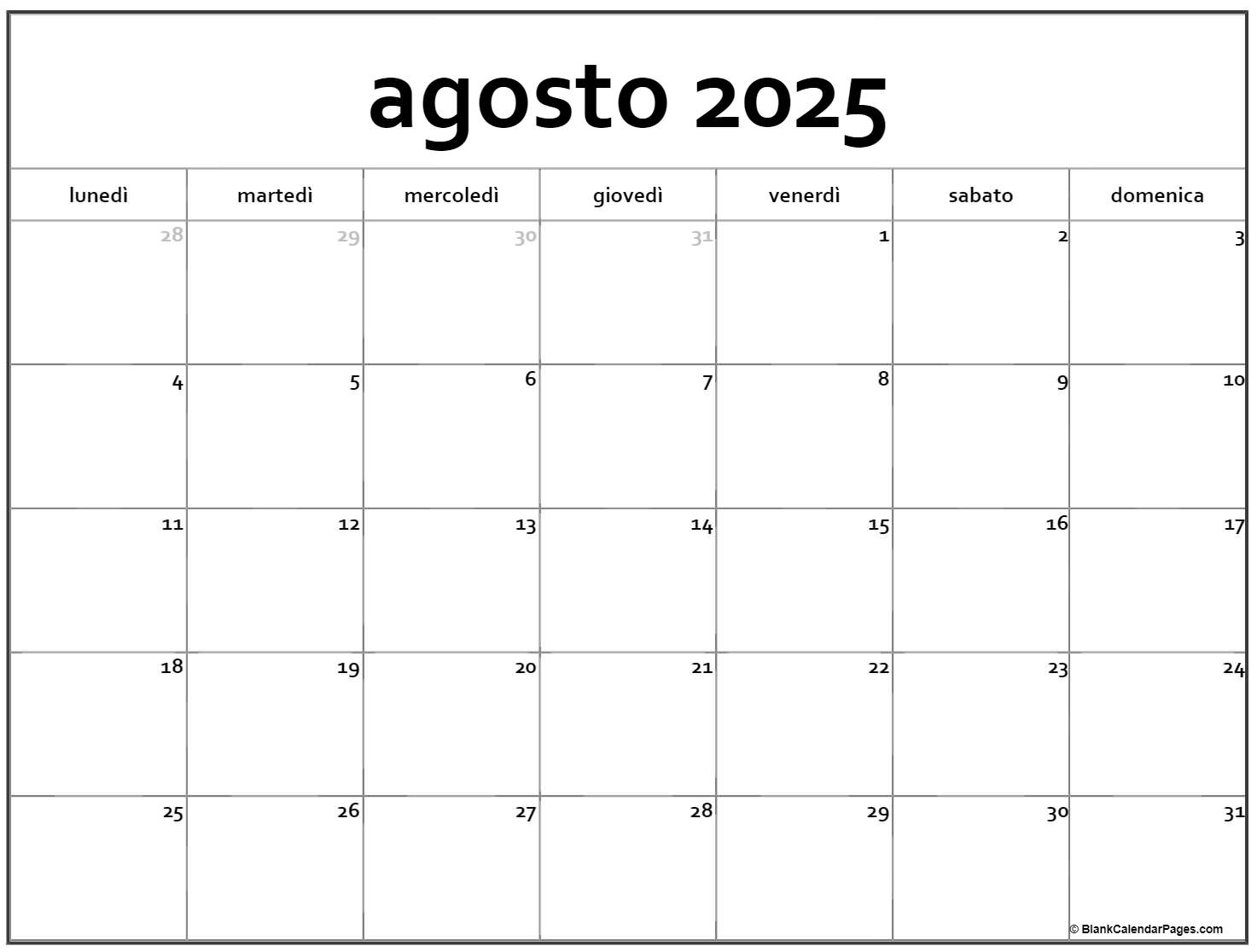 agosto 2025 calendario gratis italiano Calendario agosto