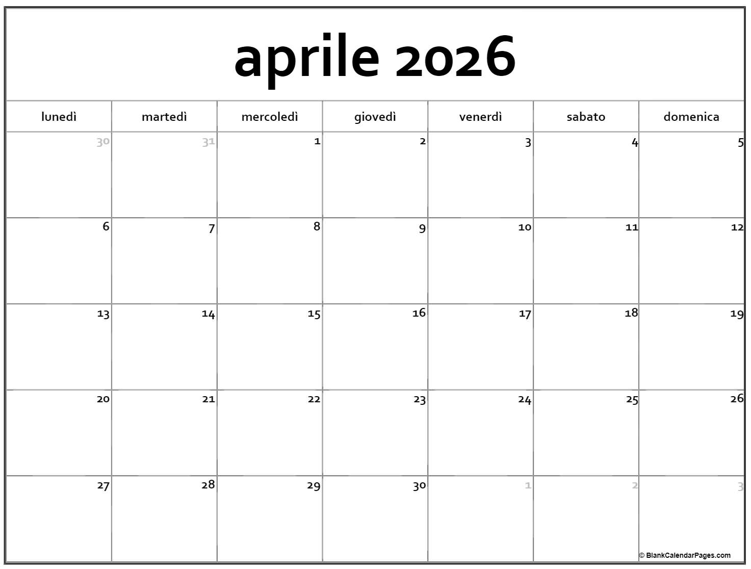 aprile 2026 calendario gratis italiano Calendario aprile