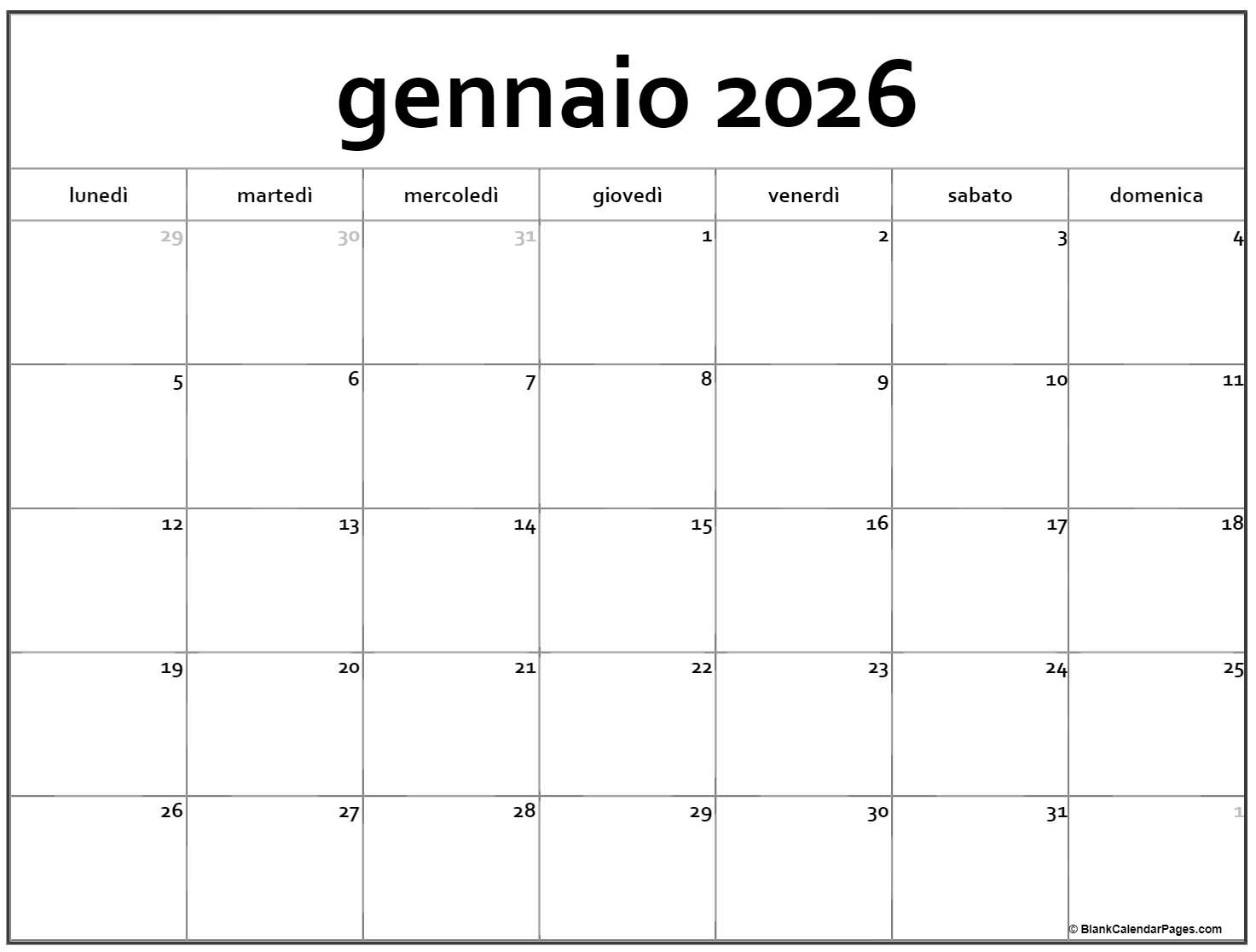 gennaio 2026 calendario gratis italiano Calendario gennaio