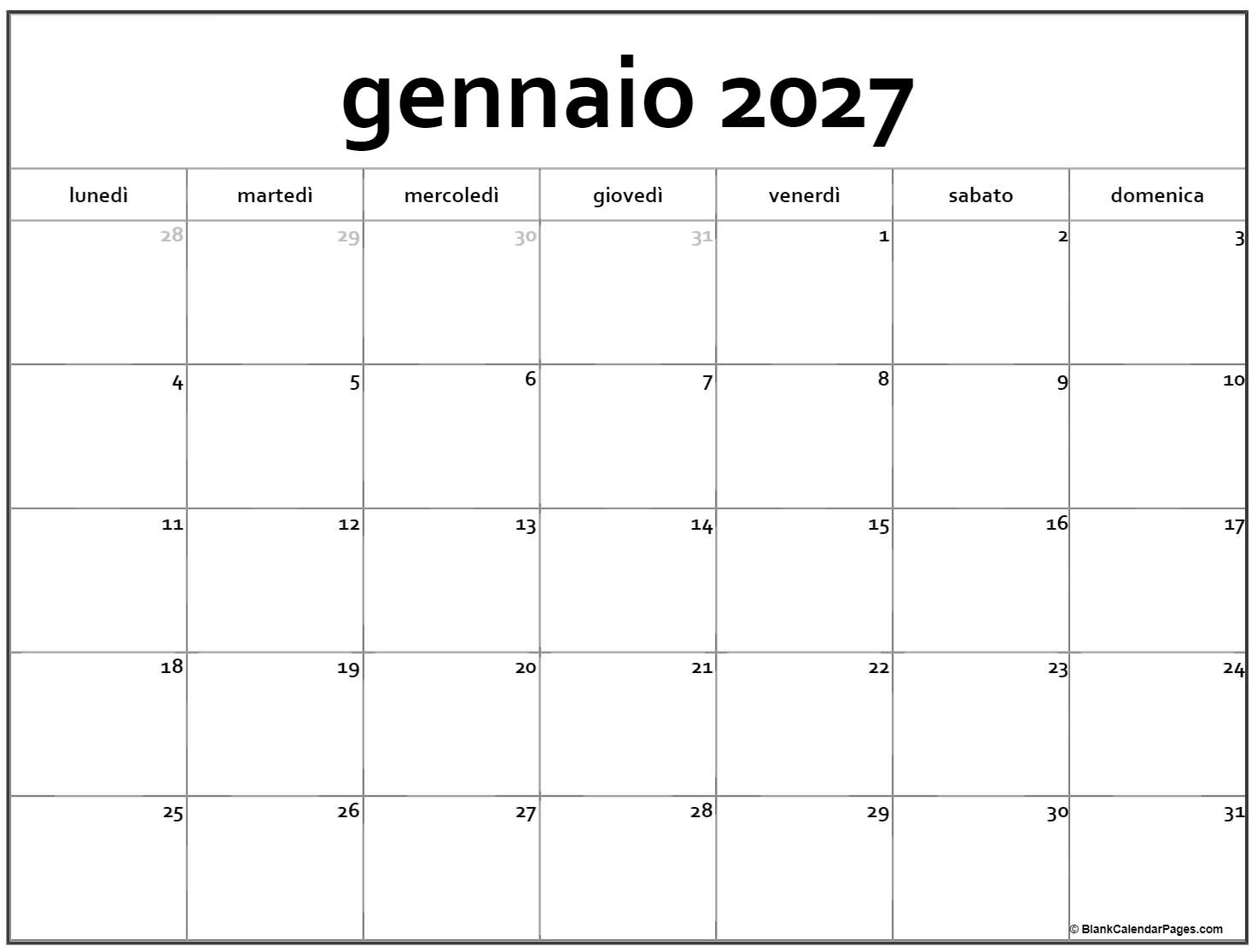 gennaio 2027 calendario
