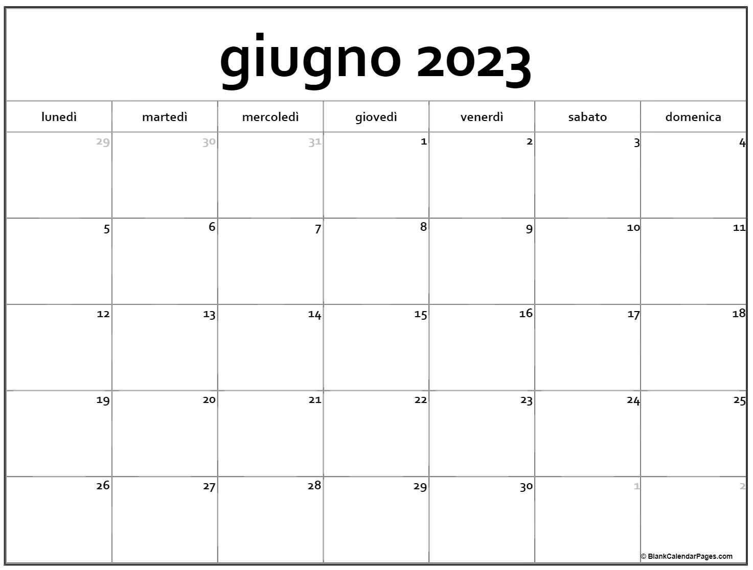 Calendario giugno 2023 stampabile