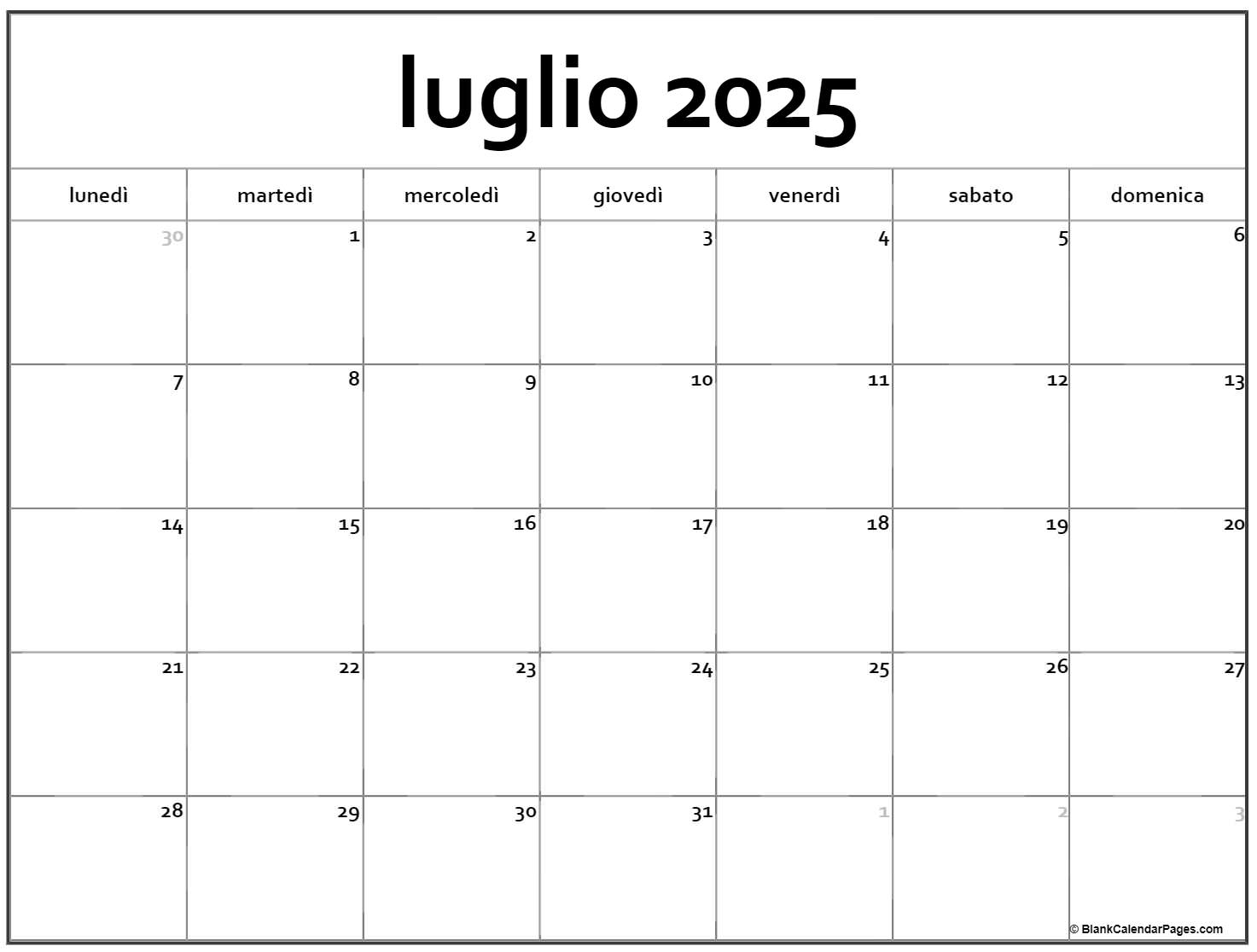 luglio 2025 calendario gratis italiano Calendario luglio