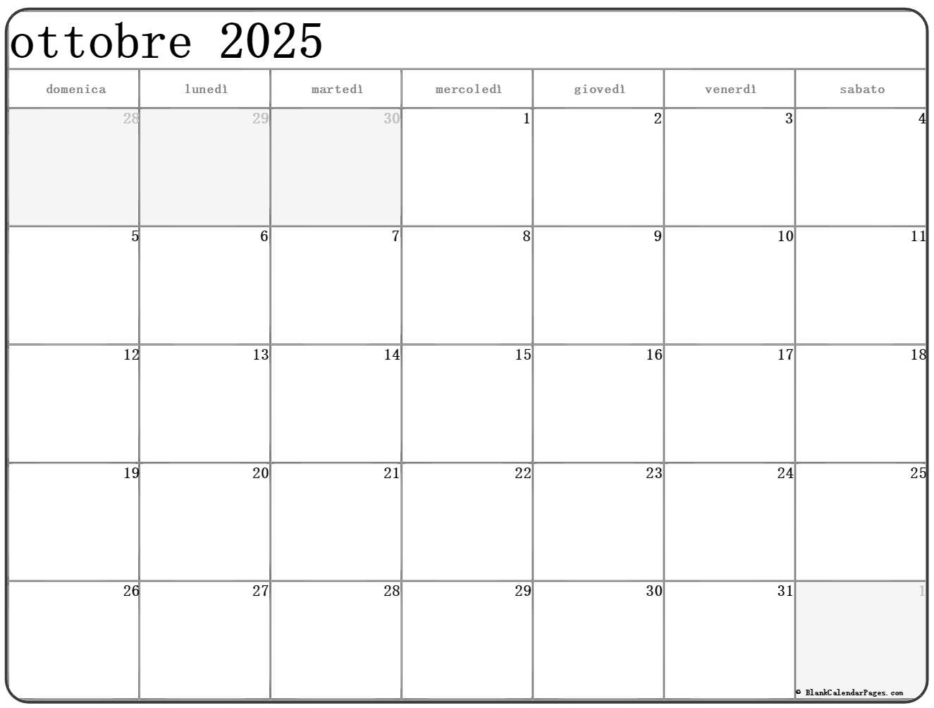 ottobre 2025 calendario gratis italiano Calendario ottobre