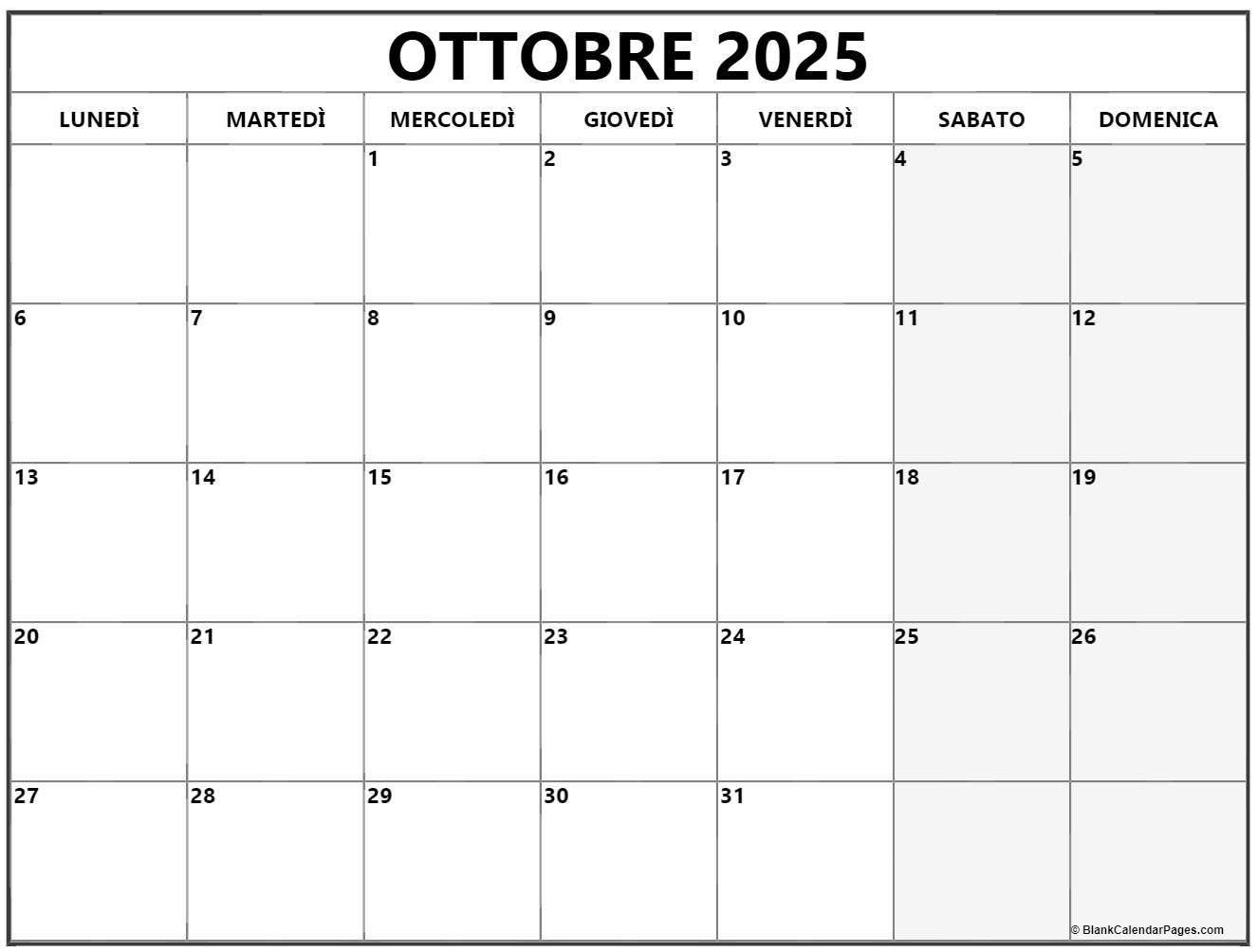 ottobre 2025 calendario gratis italiano Calendario ottobre