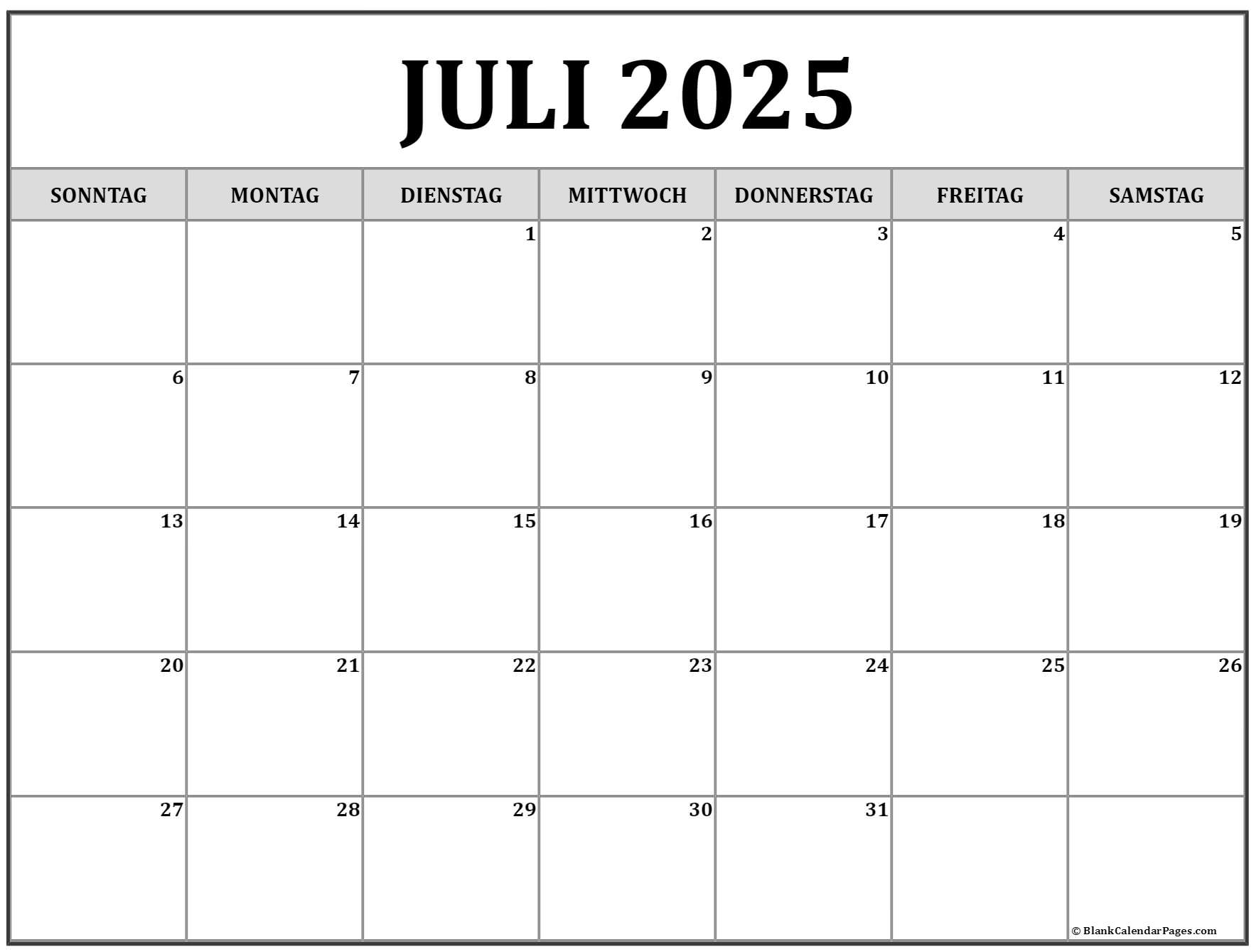 Juli 2025 kalender auf Deutsch kalender 2025