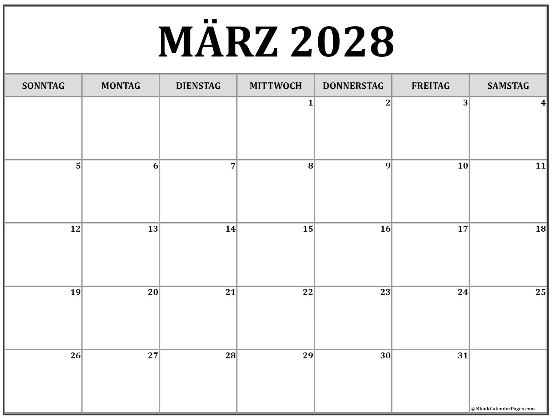 März 2028 kalender druckbarer