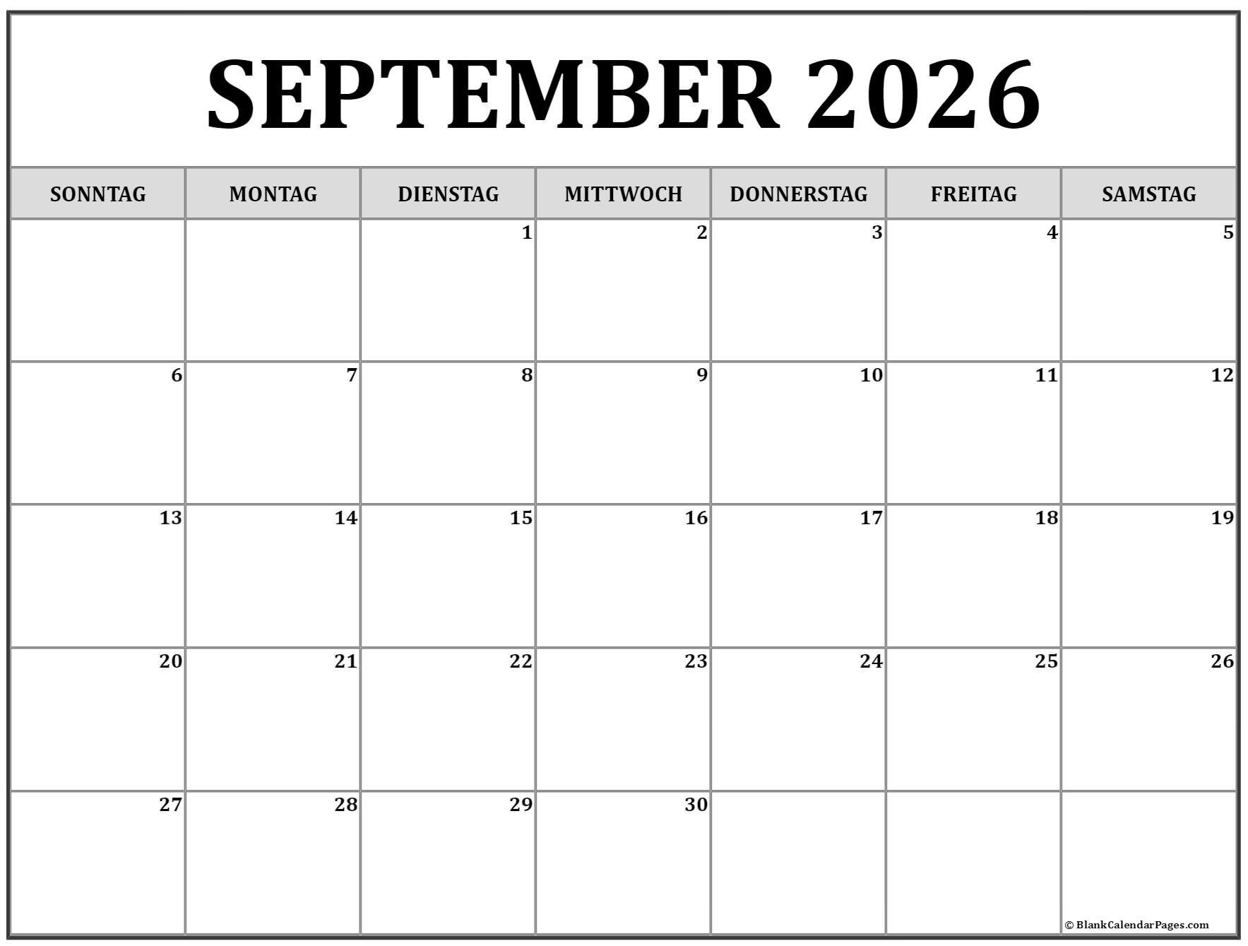 September 2026 Kalender Auf Deutsch Kalender 2026
