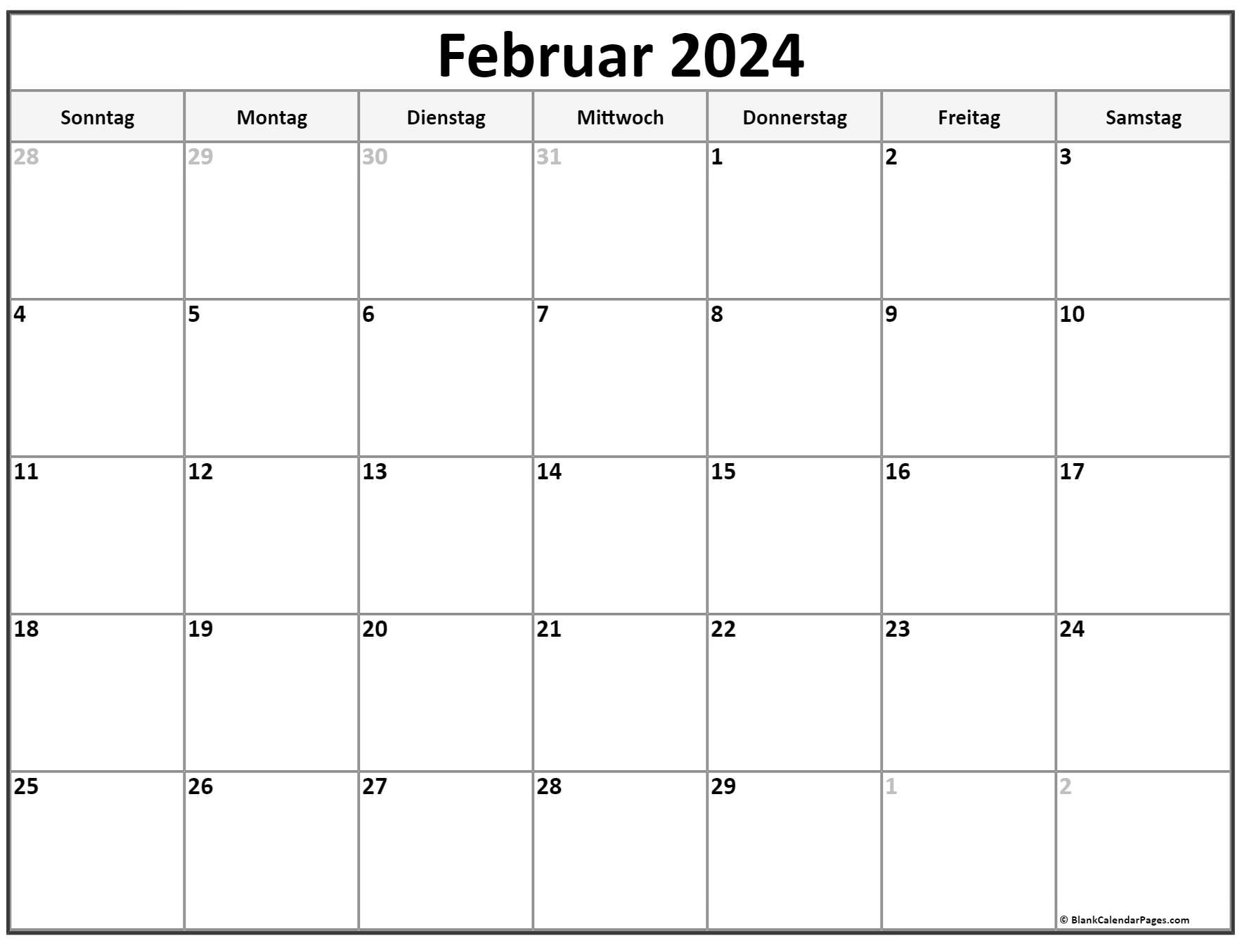 Februar 2024 kalender auf Deutsch kalender 2024