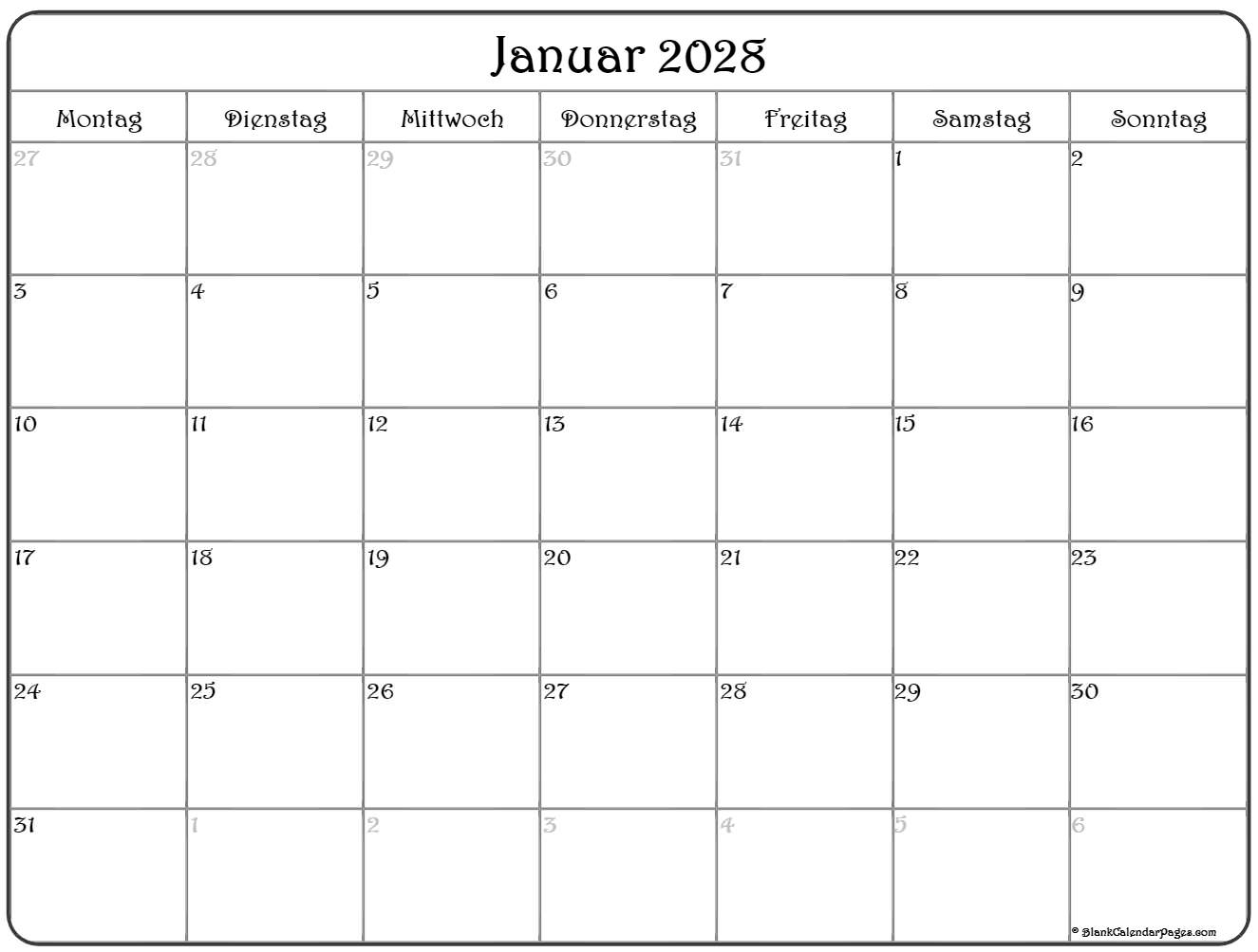 Januar 2028 kalender Montag starten