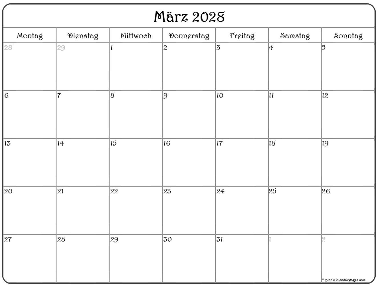 März 2028 kalender Montag starten