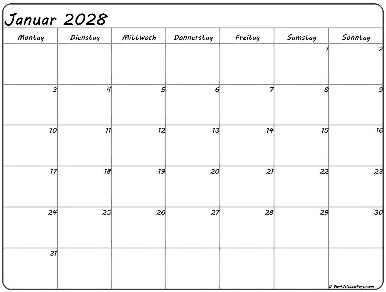 Januar 2028 kalender Montag starten