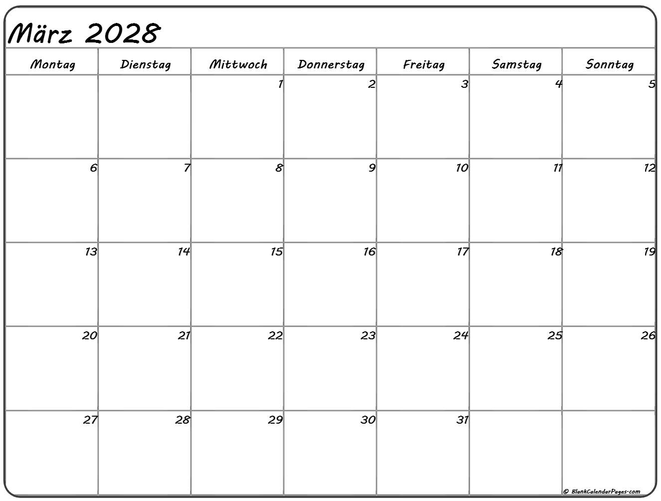 März 2028 kalender Montag starten