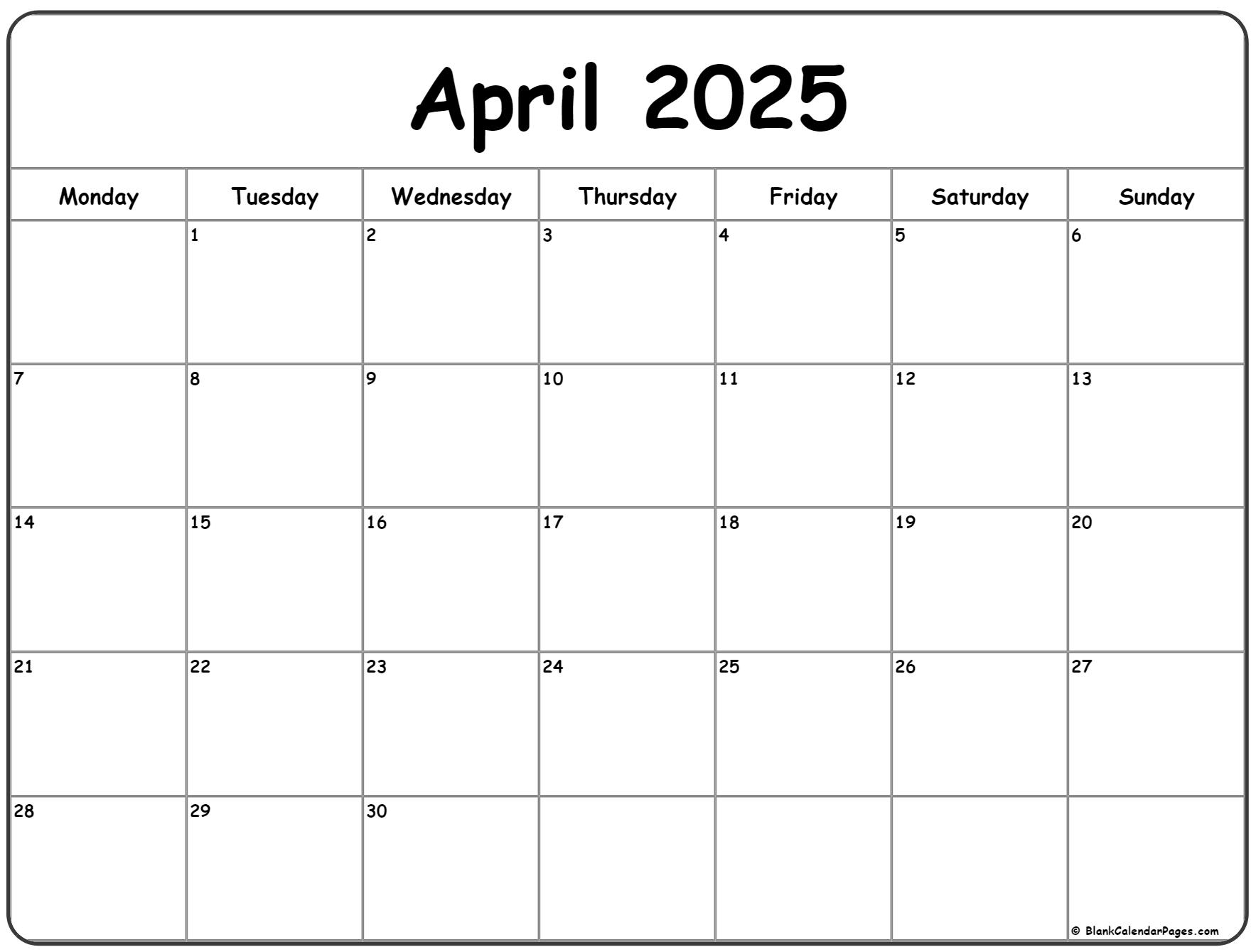 April 2025 Monday calendar. Monday to Sunday