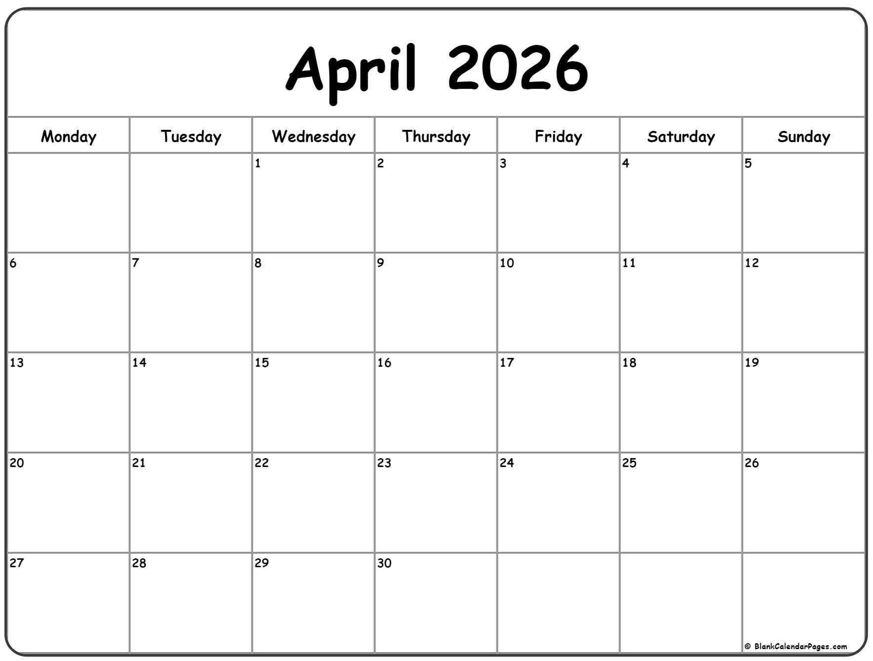 April 2026 Monday calendar. Monday to Sunday