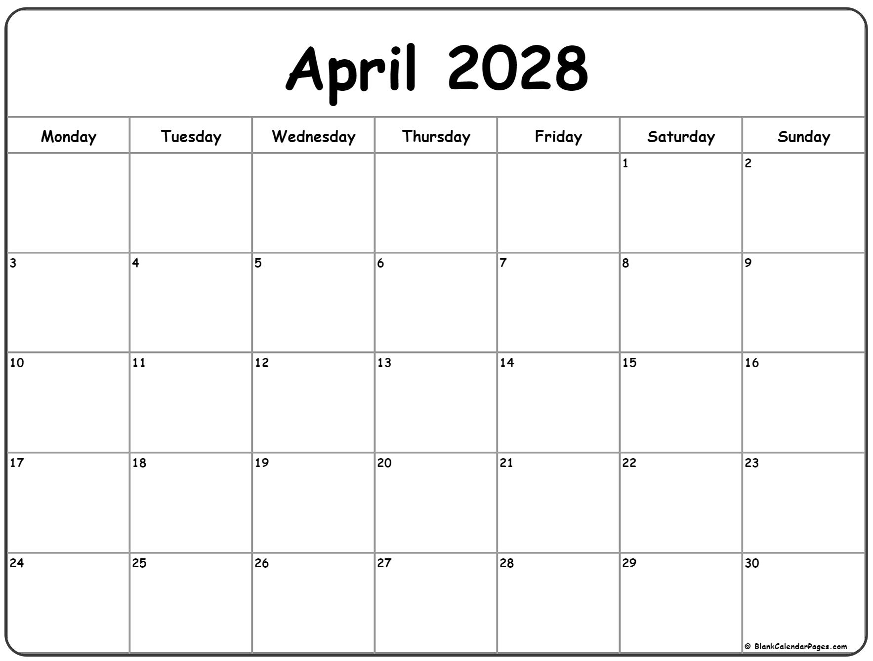 April 2028 Monday calendar. Monday to Sunday