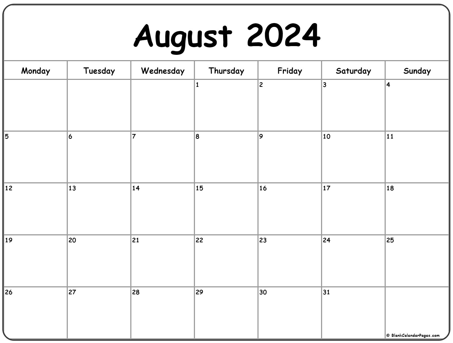 August 2024 Monday calendar. Monday to Sunday
