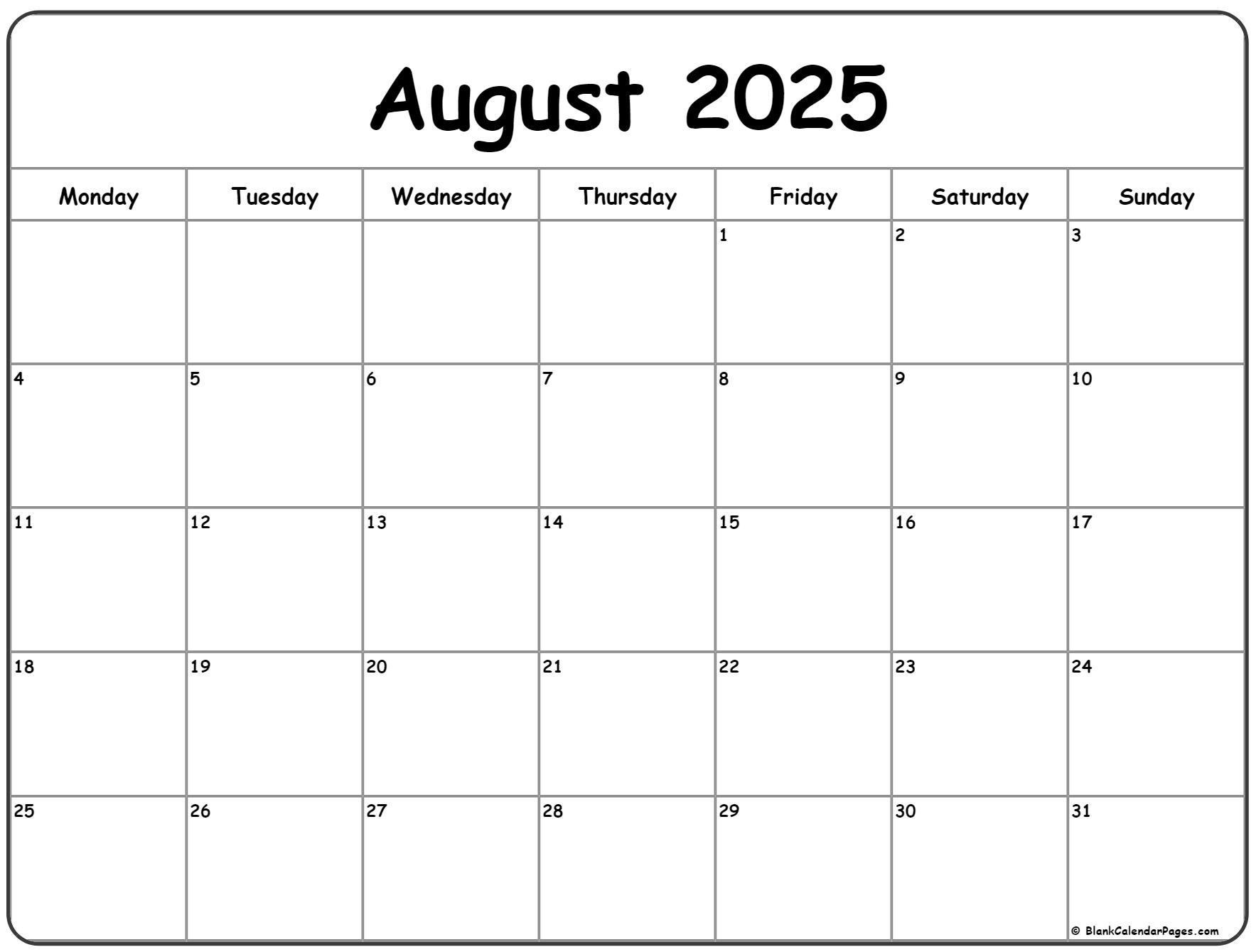 August 2025 Monday calendar. Monday to Sunday