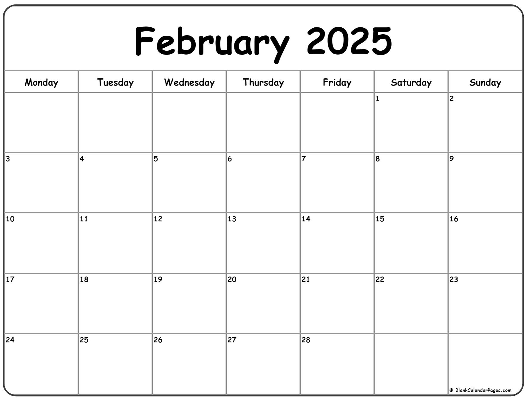 February 2025 Monday calendar. Monday to Sunday