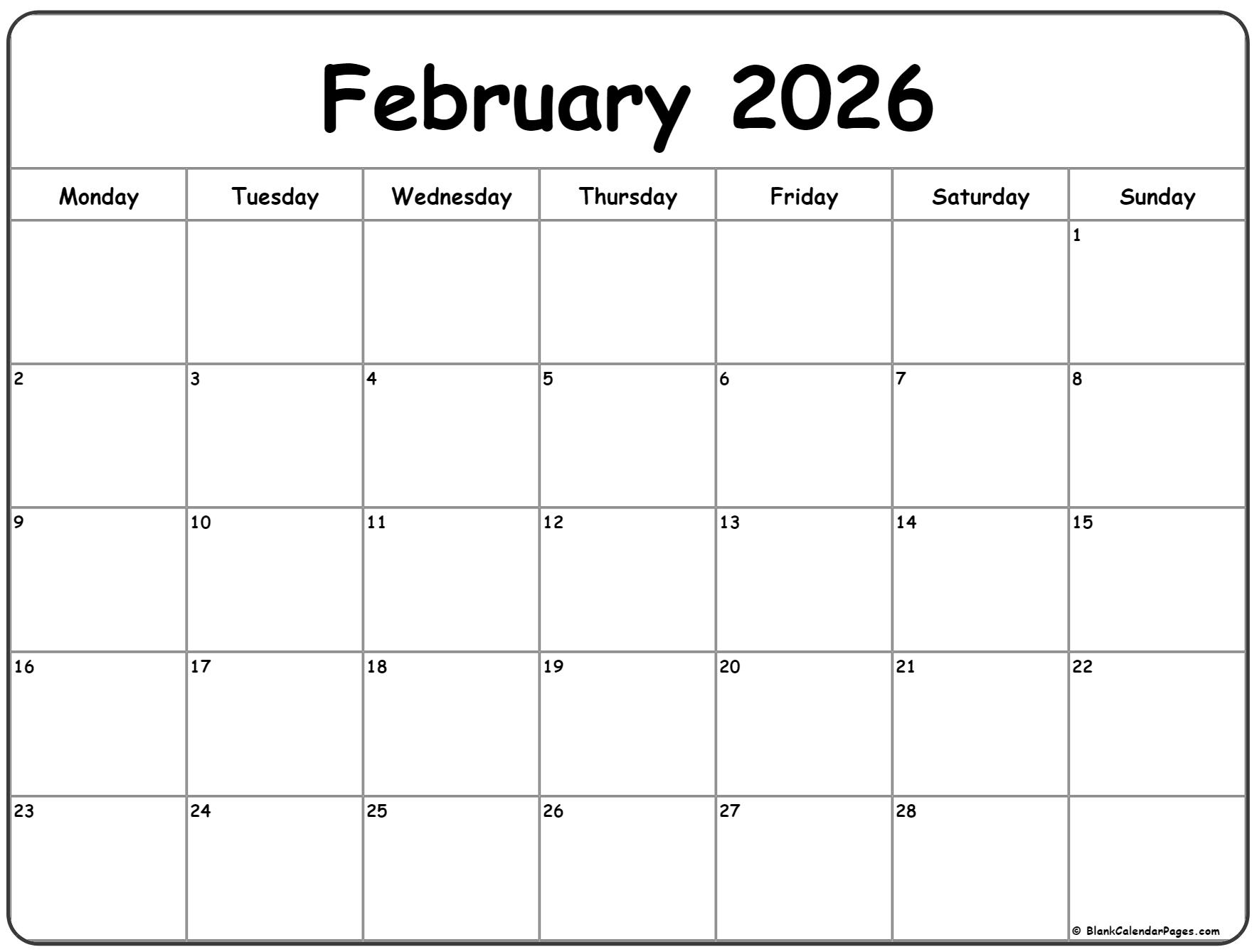 February 2026 Monday calendar. Monday to Sunday