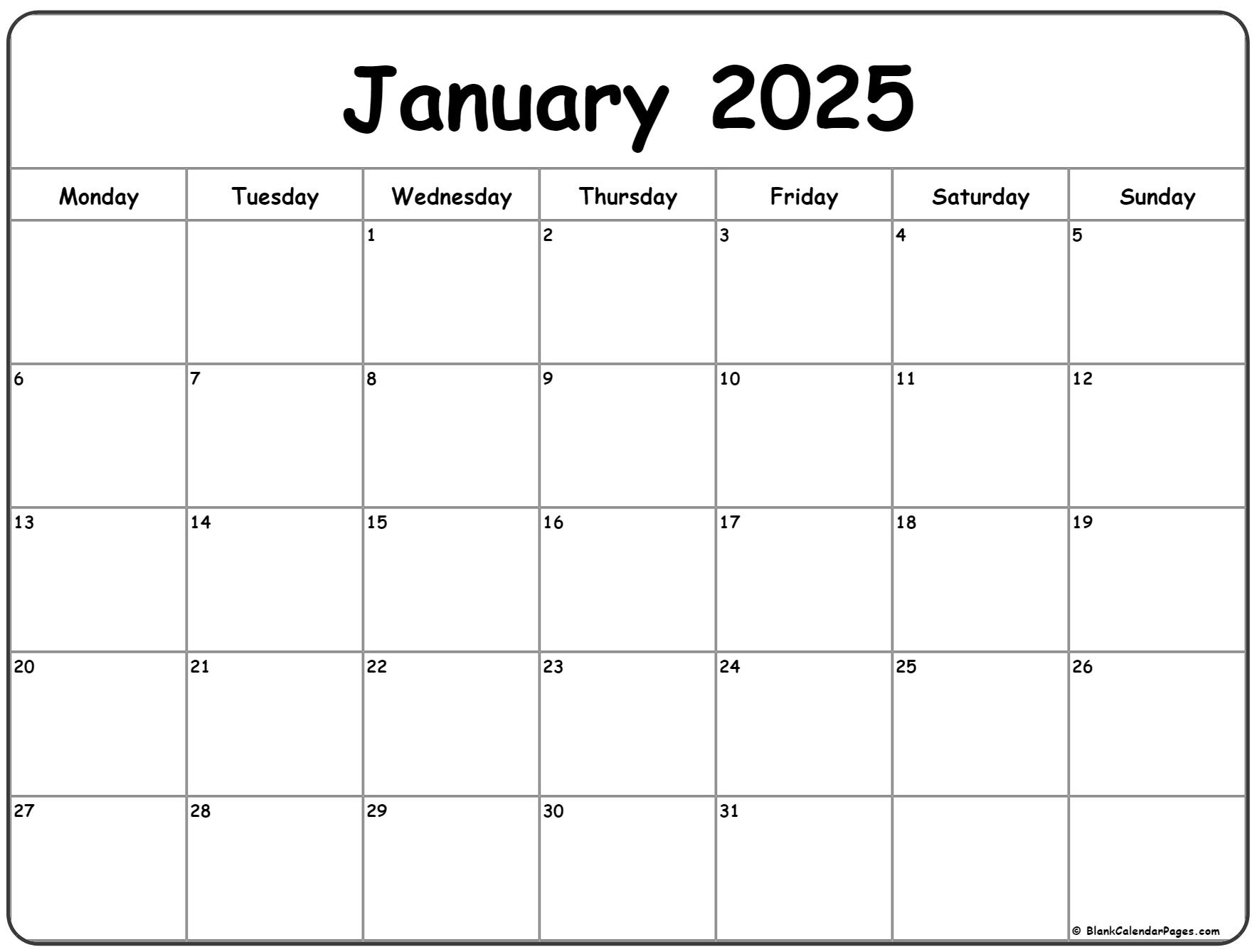 January 2025 Monday calendar. Monday to Sunday