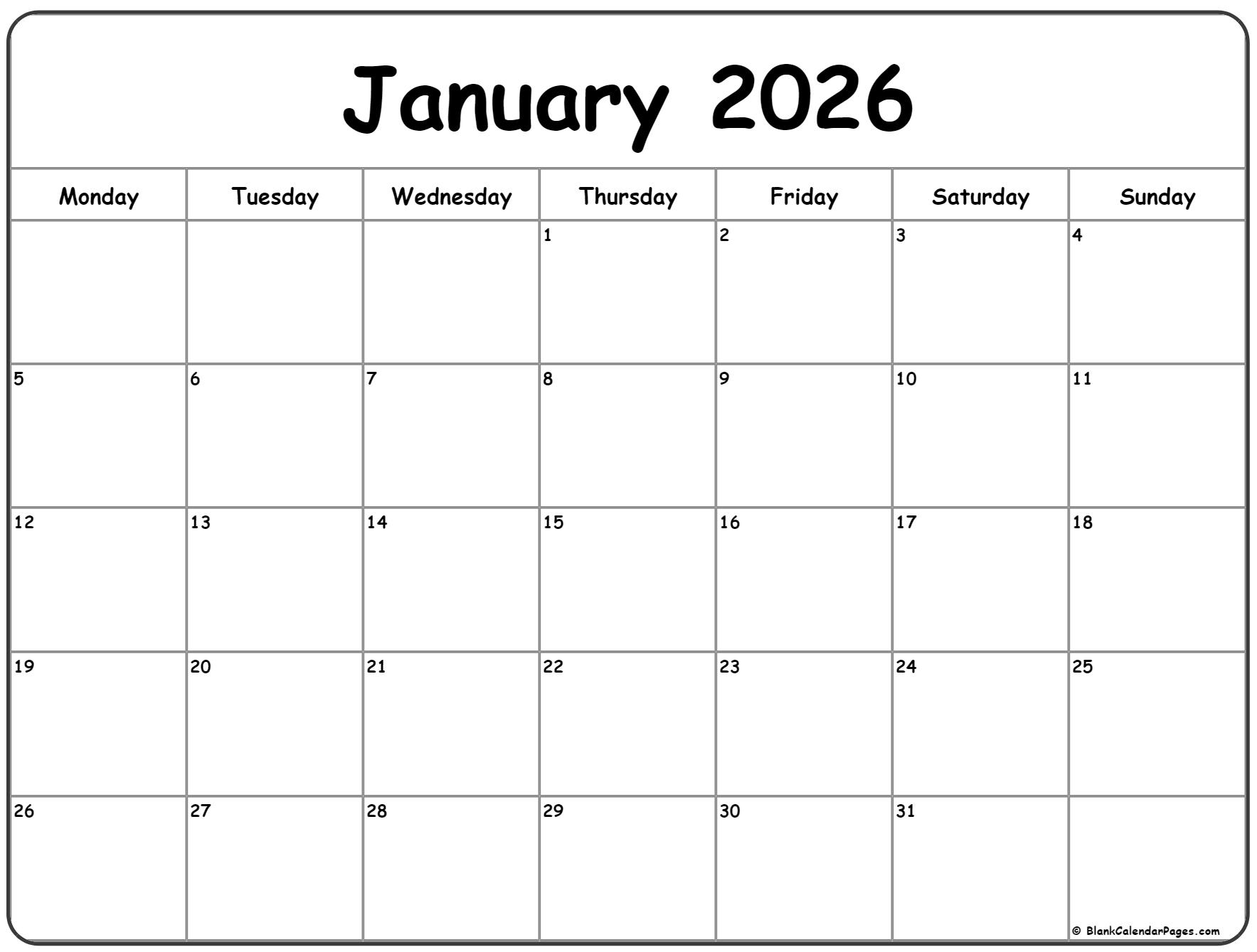 January 2026 Monday calendar. Monday to Sunday