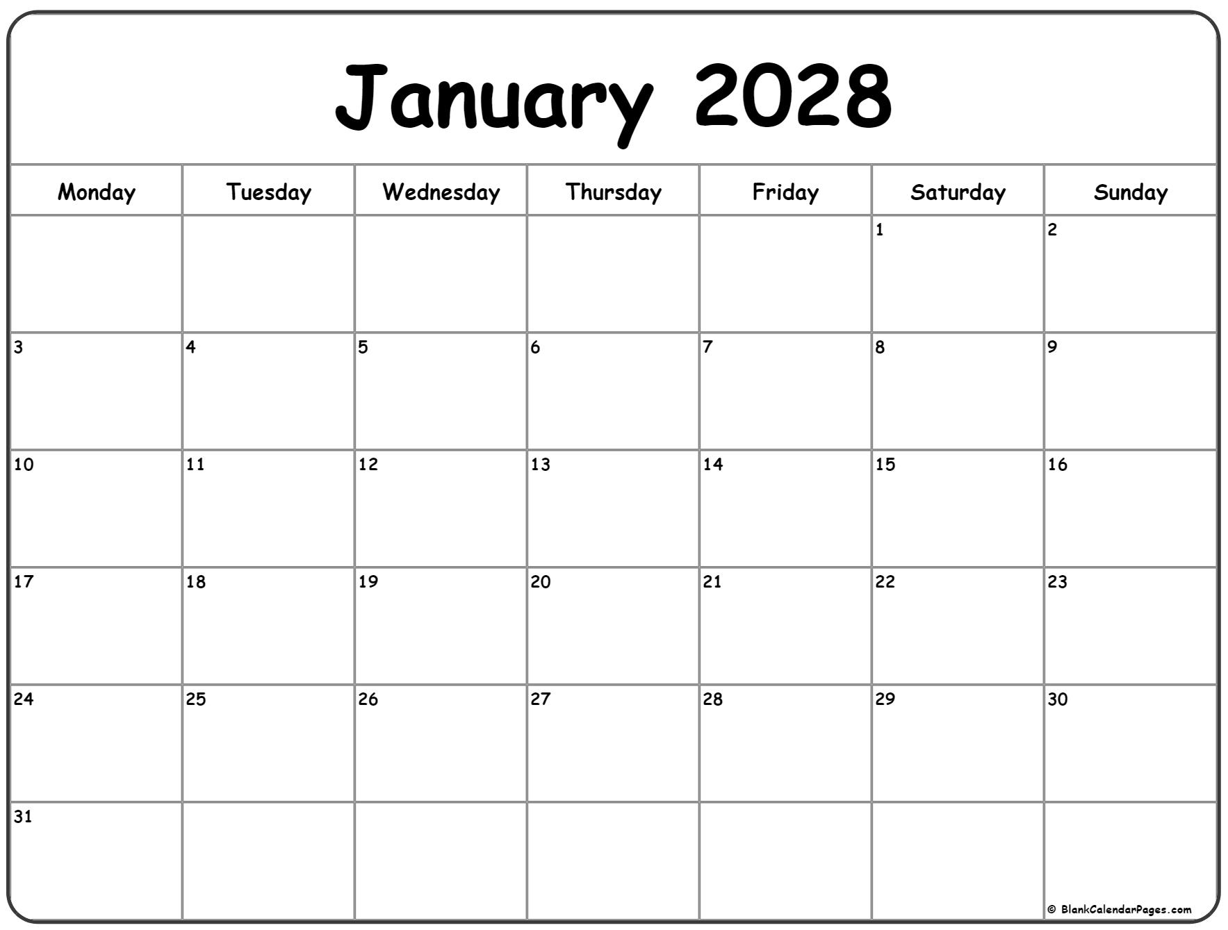 January 2028 Monday calendar. Monday to Sunday